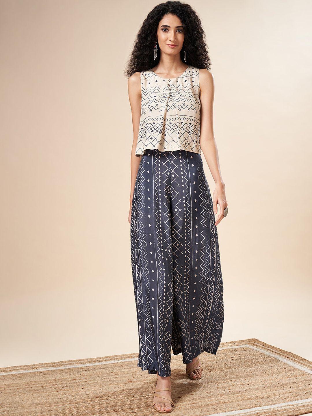 marigold lane ethnic motifs printed round neck top & palazzos