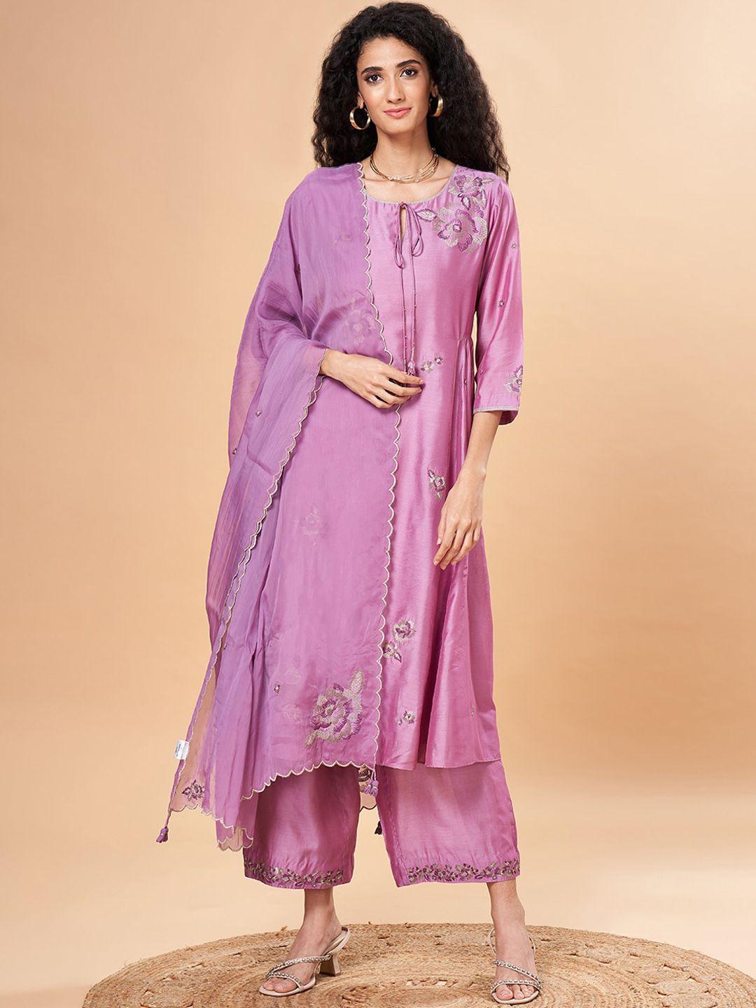 marigold lane floral embroidered pleated a-line kurta with palazzos & dupatta