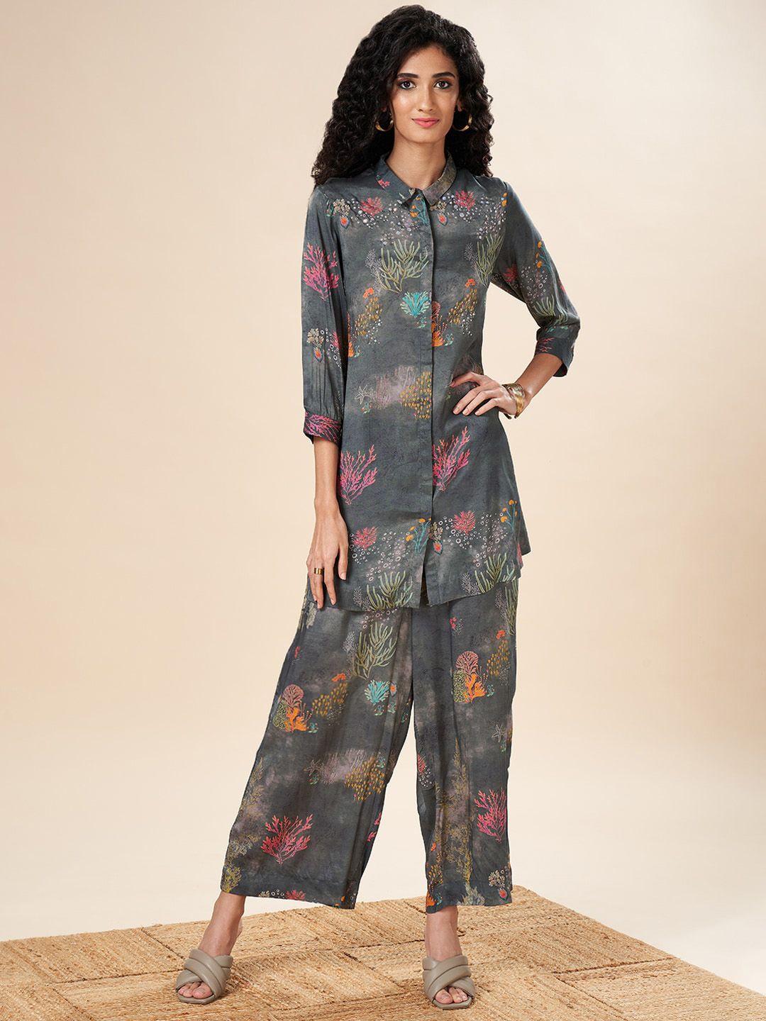 marigold lane floral printed shirt collar fusion kurta with palazzos