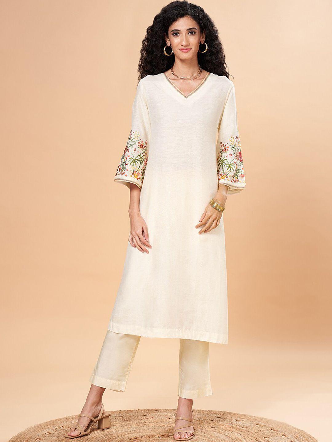 marigold lane flared sleeves thread work straight kurta