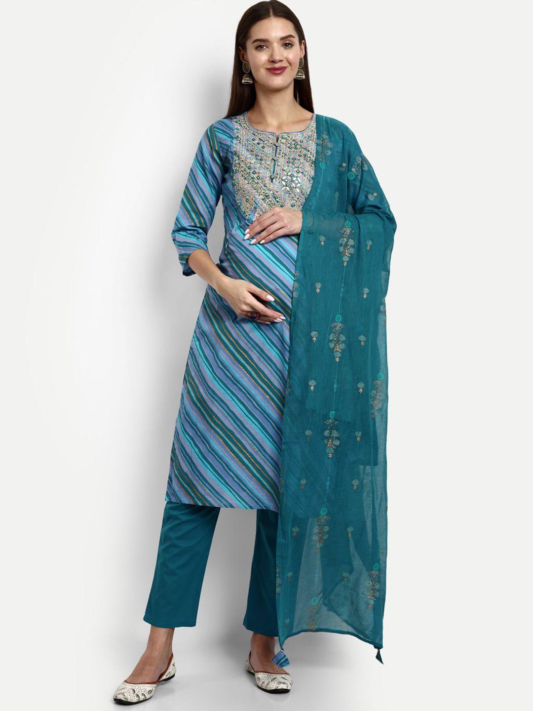 mumzhug women teal leheriya printed regular thread work pure cotton kurta with palazzos & with dupatta