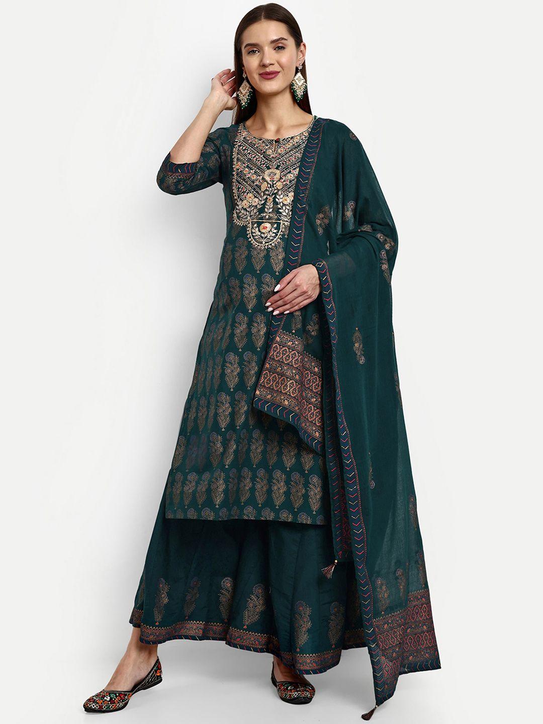 mumzhug ethnic motifs printed thread work pure cotton kurta with sharara & with dupatta