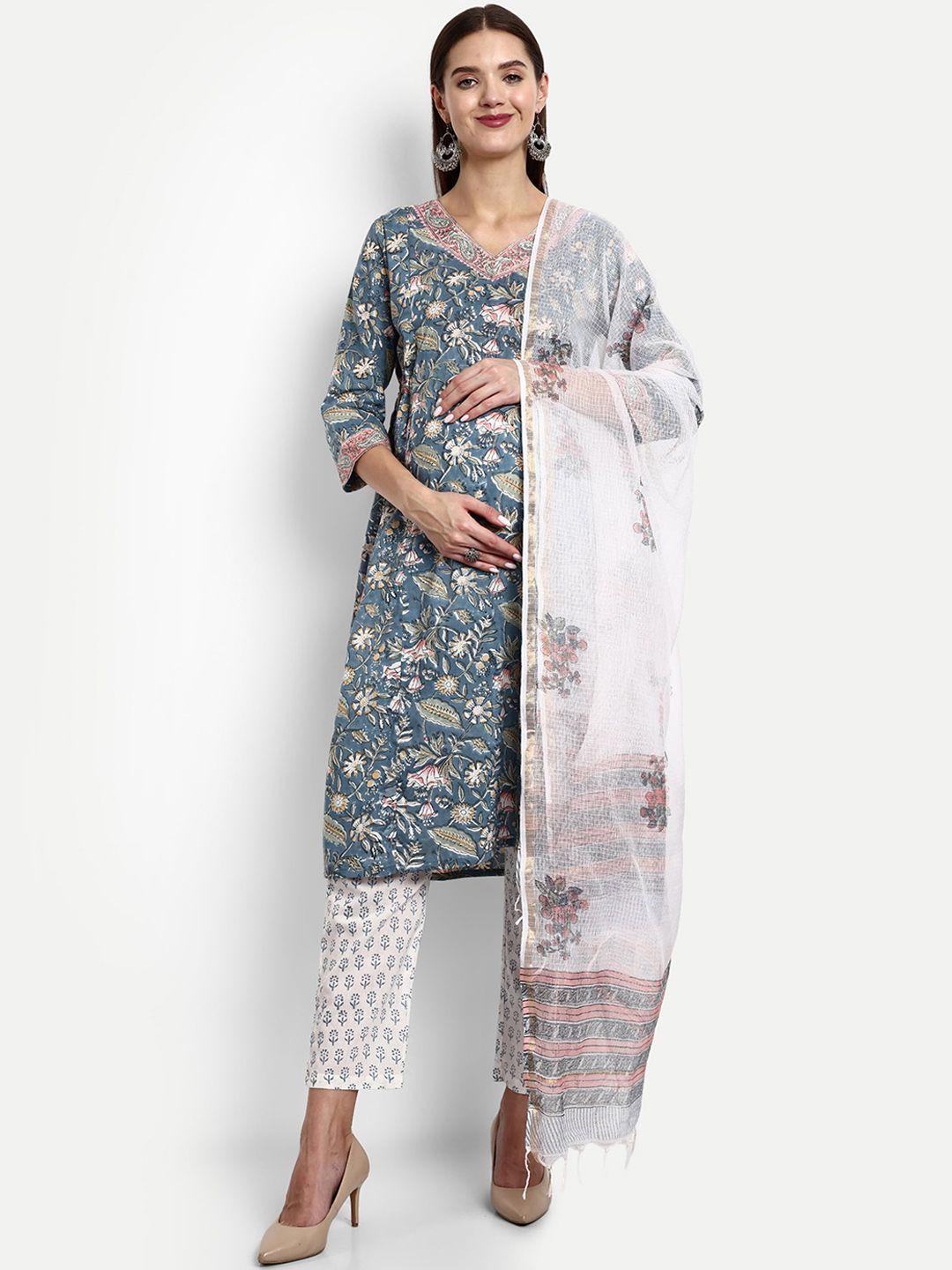 mumzhug floral printed thread work pure cotton a-line kurta with trousers & dupatta