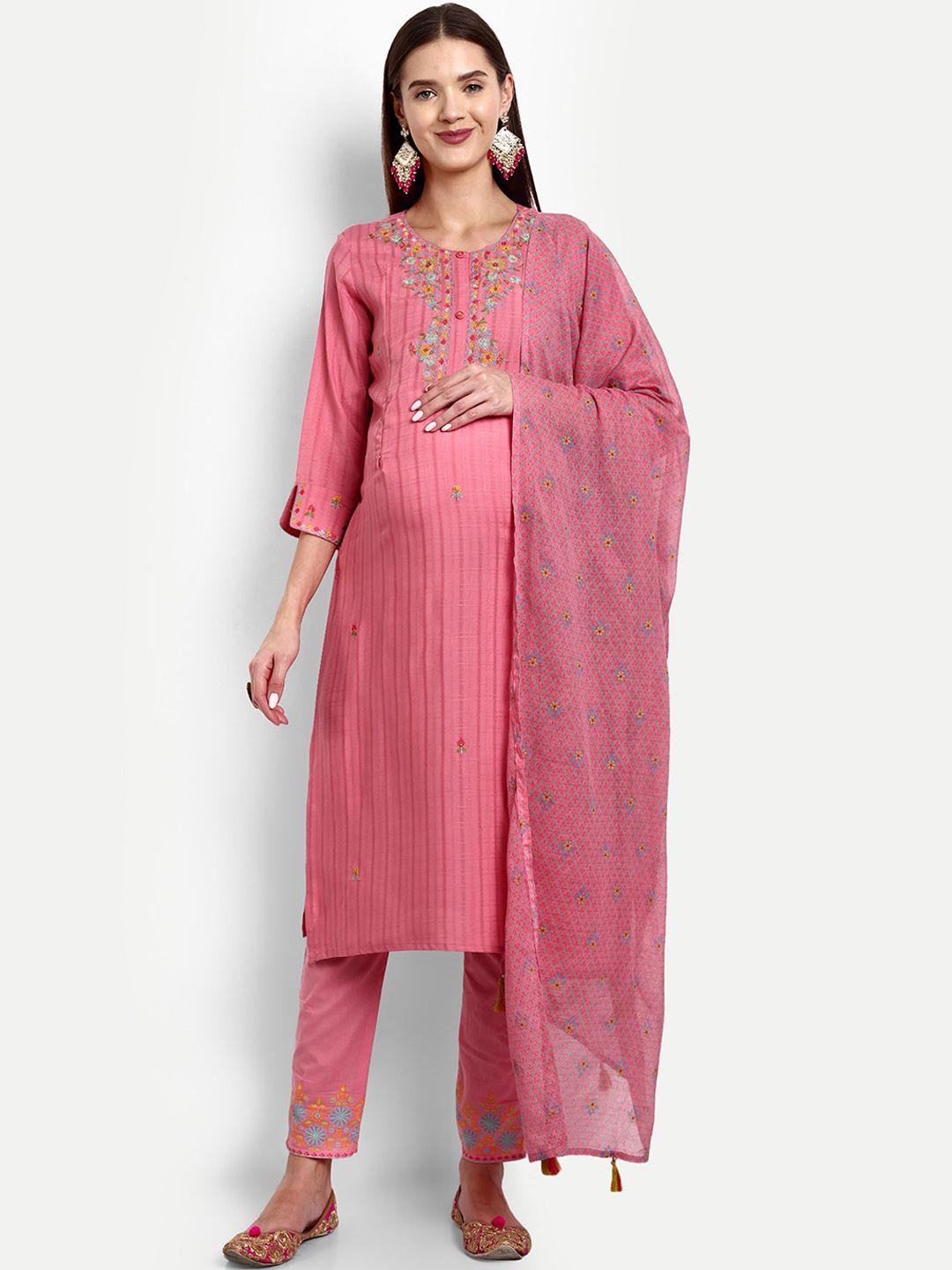 mumzhug floral embroidered maternity & feeding kurta with trousers & dupatta