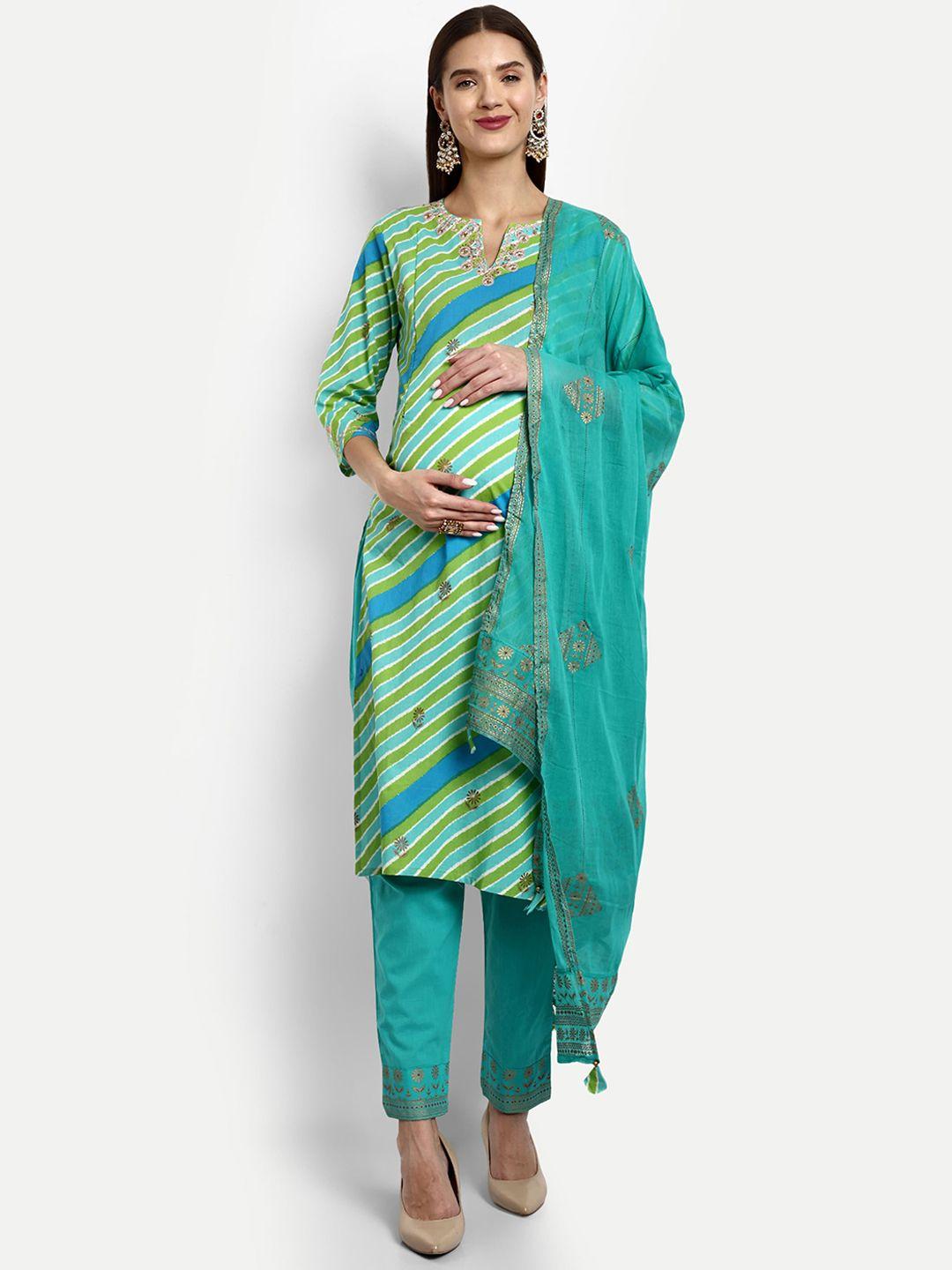 mumzhug leheriya printed thread work pure cotton kurta with trousers & dupatta