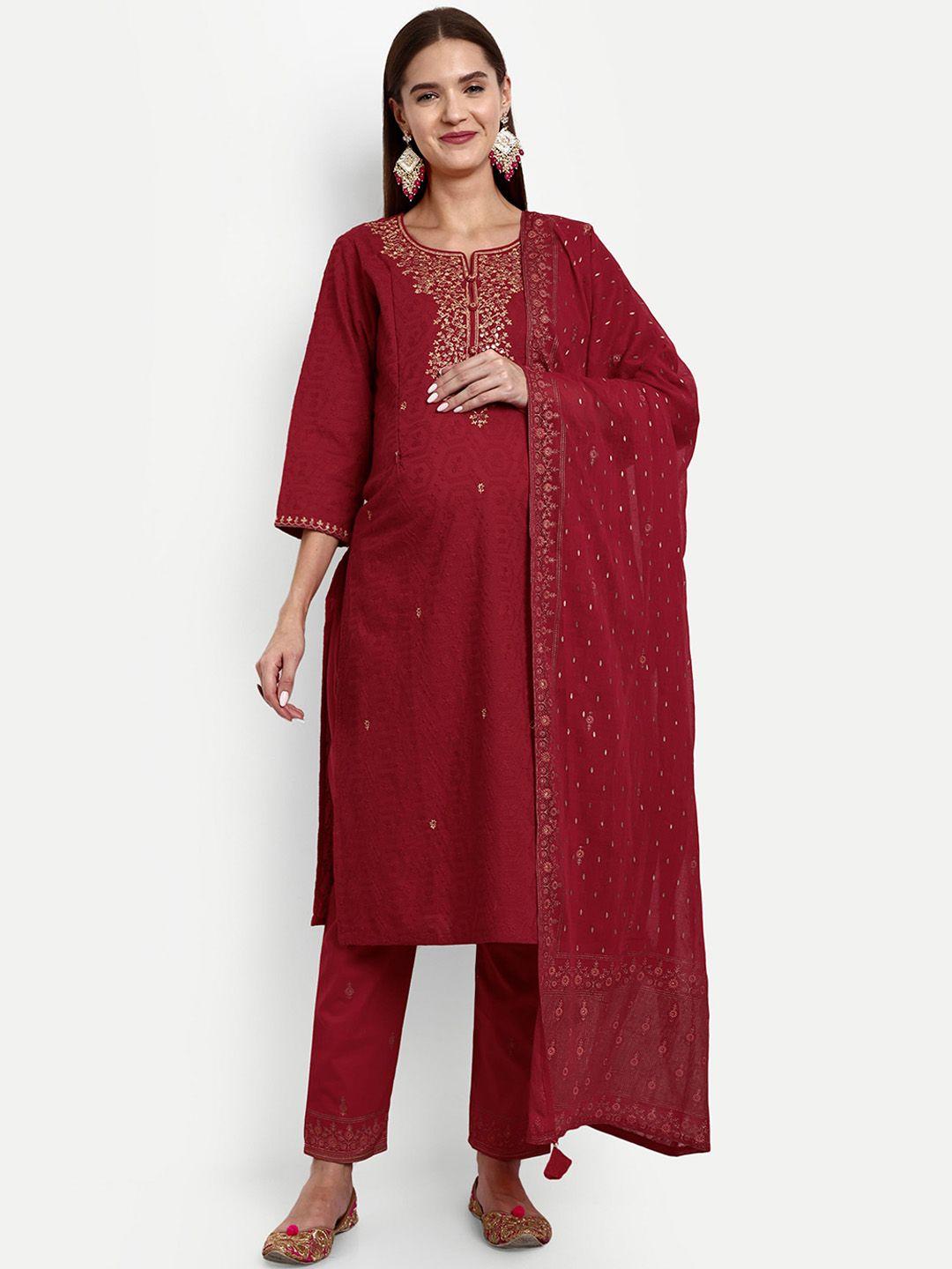 mumzhug floral embroidered pure cotton kurta with trousers & dupatta