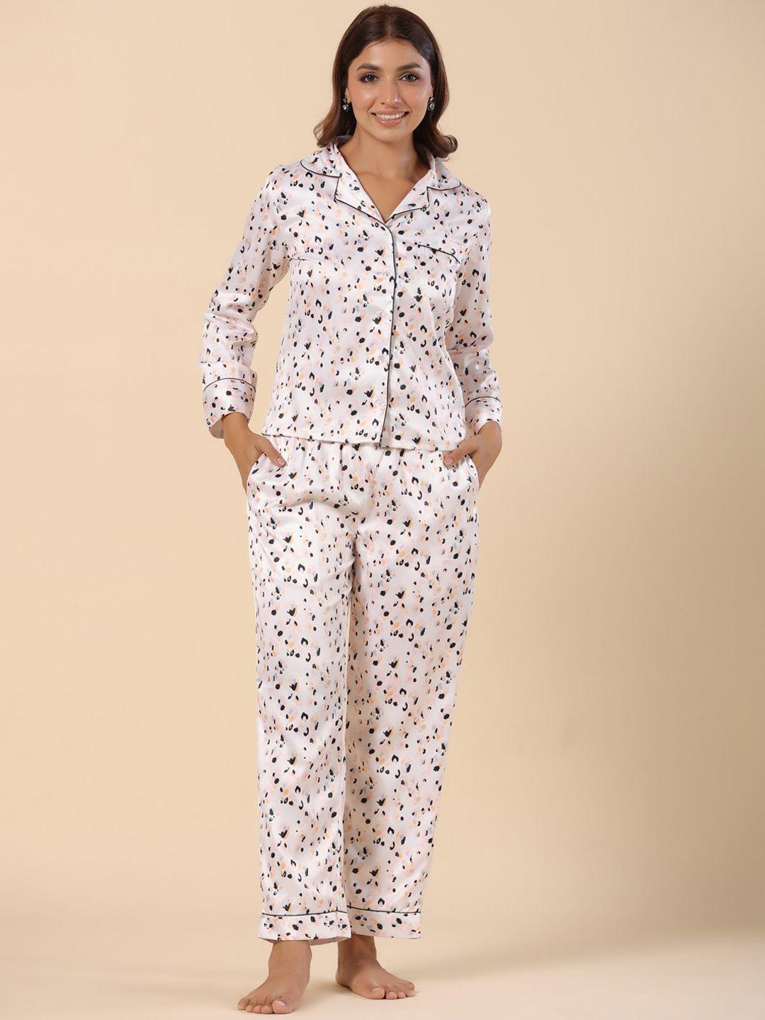 etc cream-coloured & black abstarct printed lapel collar night suit