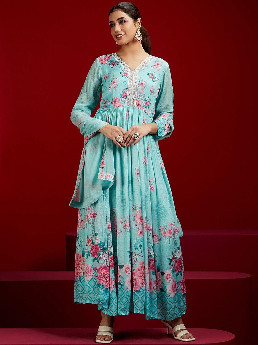 libas art floral printed beads and stones silk chiffon kurta with trousers & dupatta