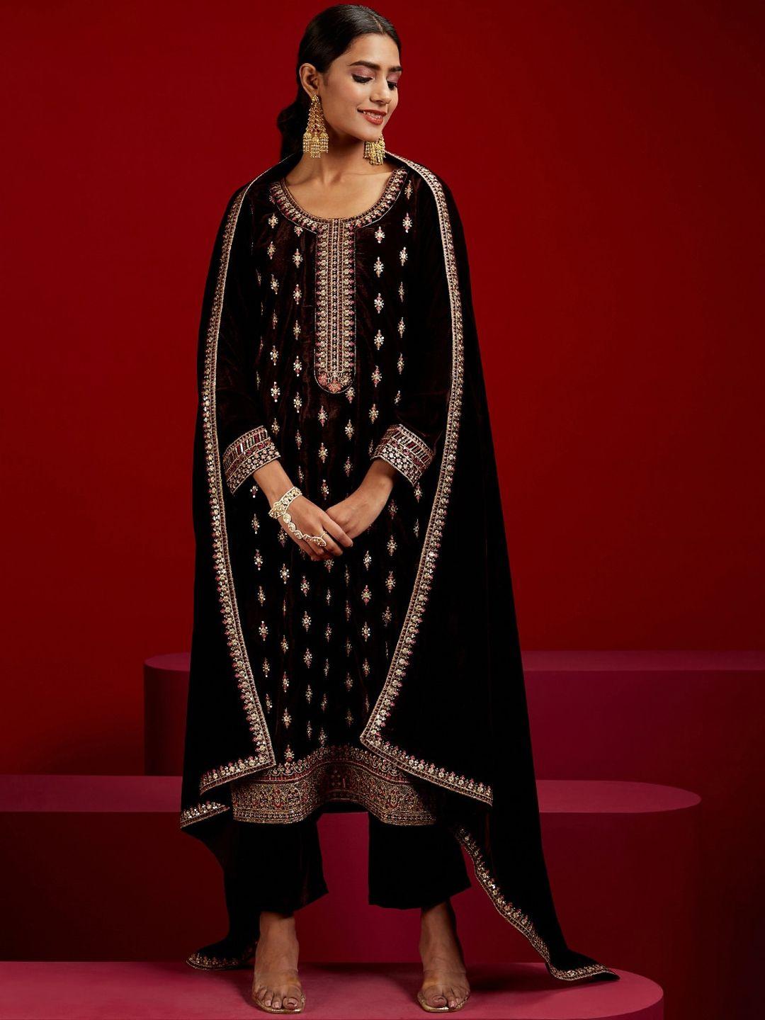 libas art floral embroidered sequinned velvet kurta with trousers & dupatta