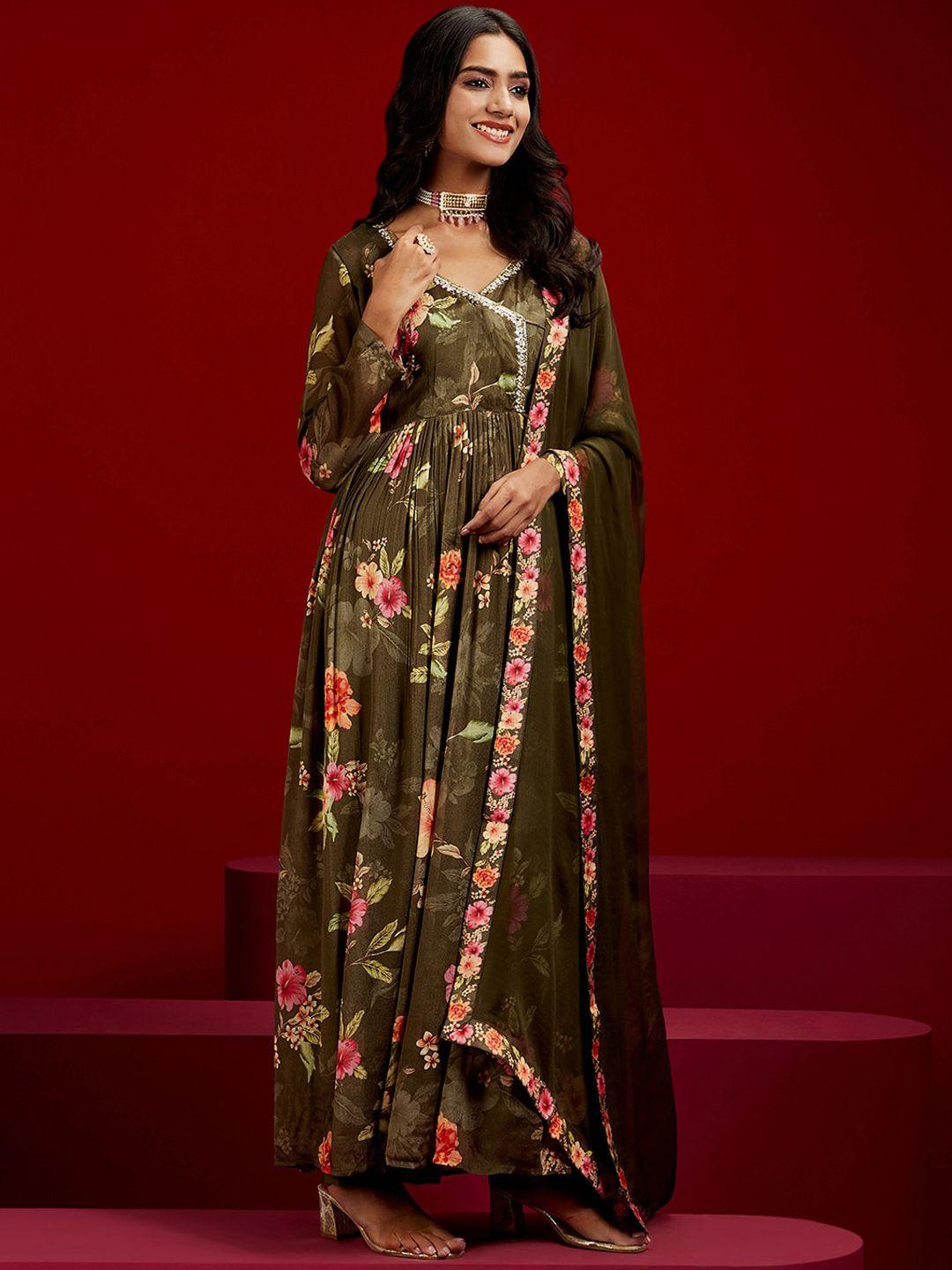 libas art floral printed angrakha sequinned silk chiffon kurta with trousers & dupatta