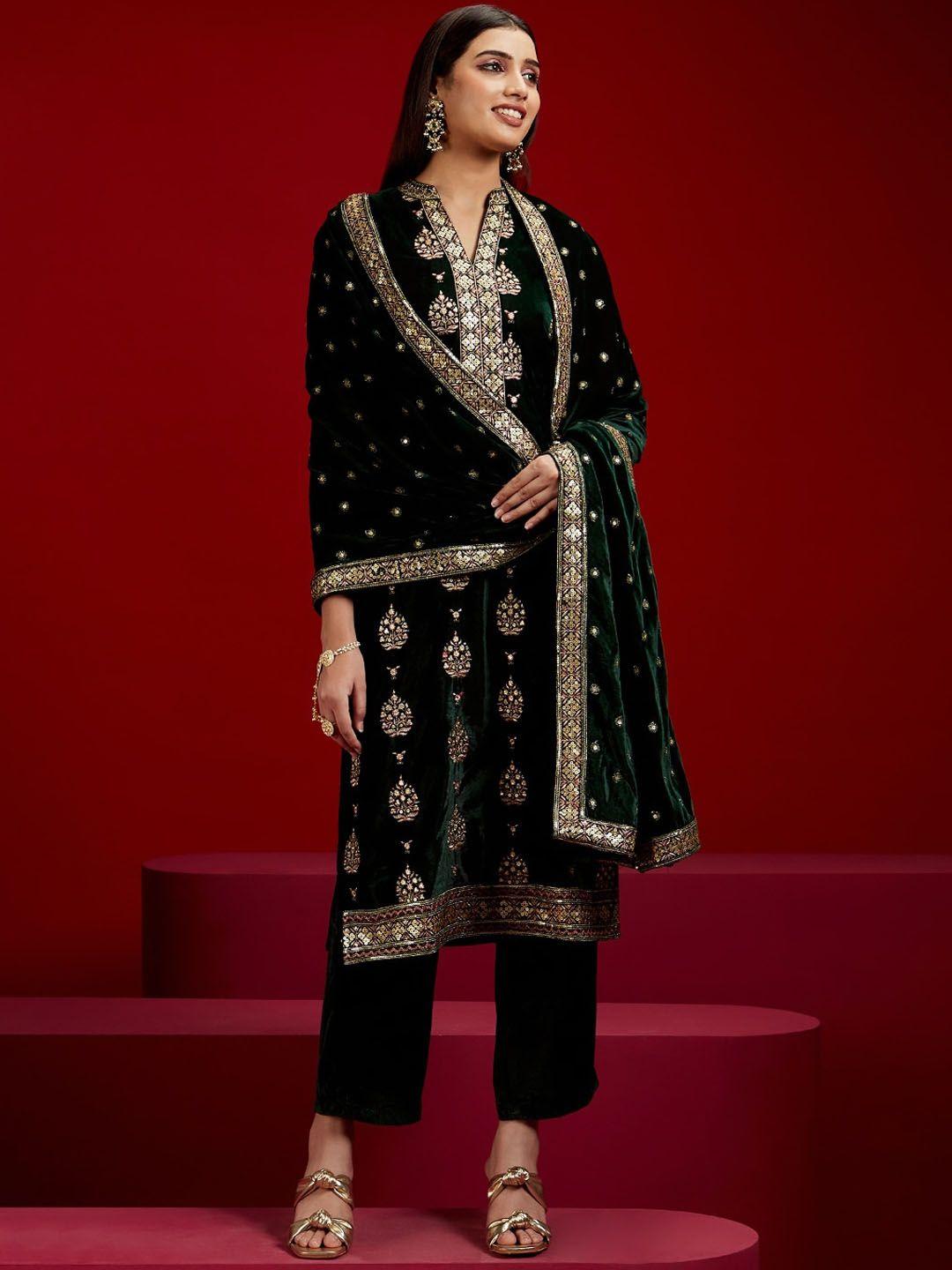 libas art floral embroidered sequinned velvet kurta with trousers & dupatta