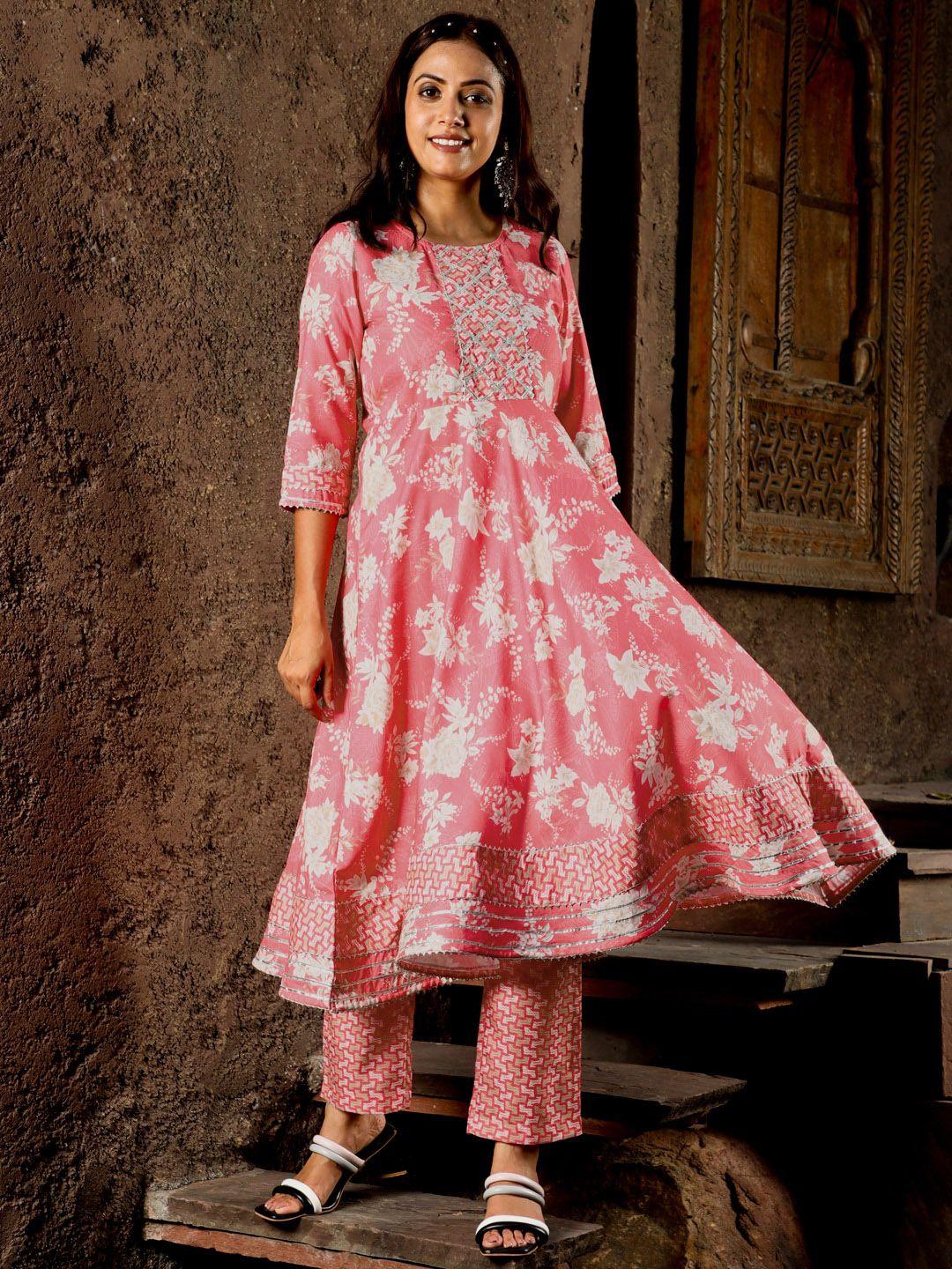 jaipur kurti floral printed a-line kurta with trousers & dupatta