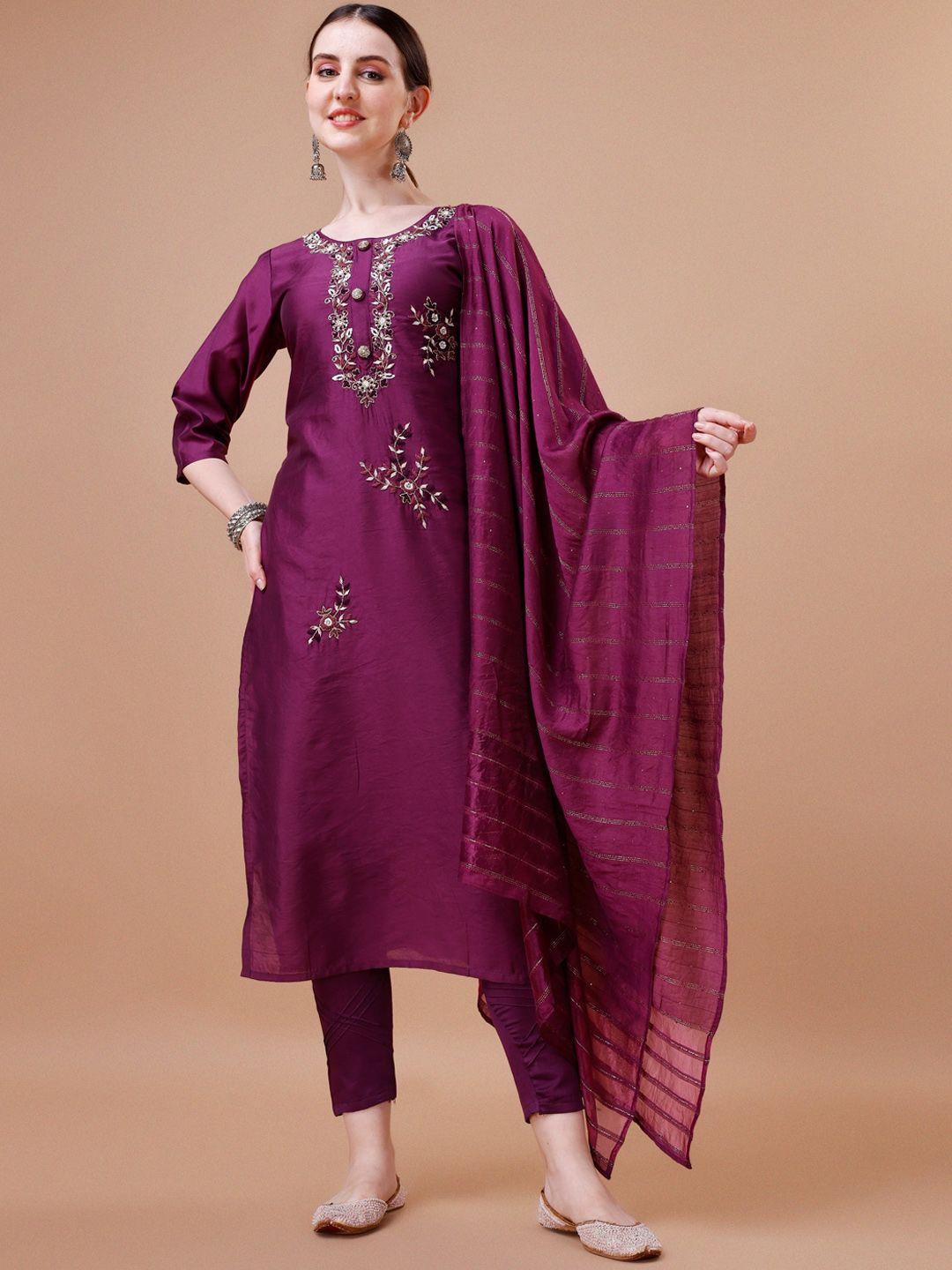 berrylicious floral embroidered chanderi cotton kurta with trousers & dupatta