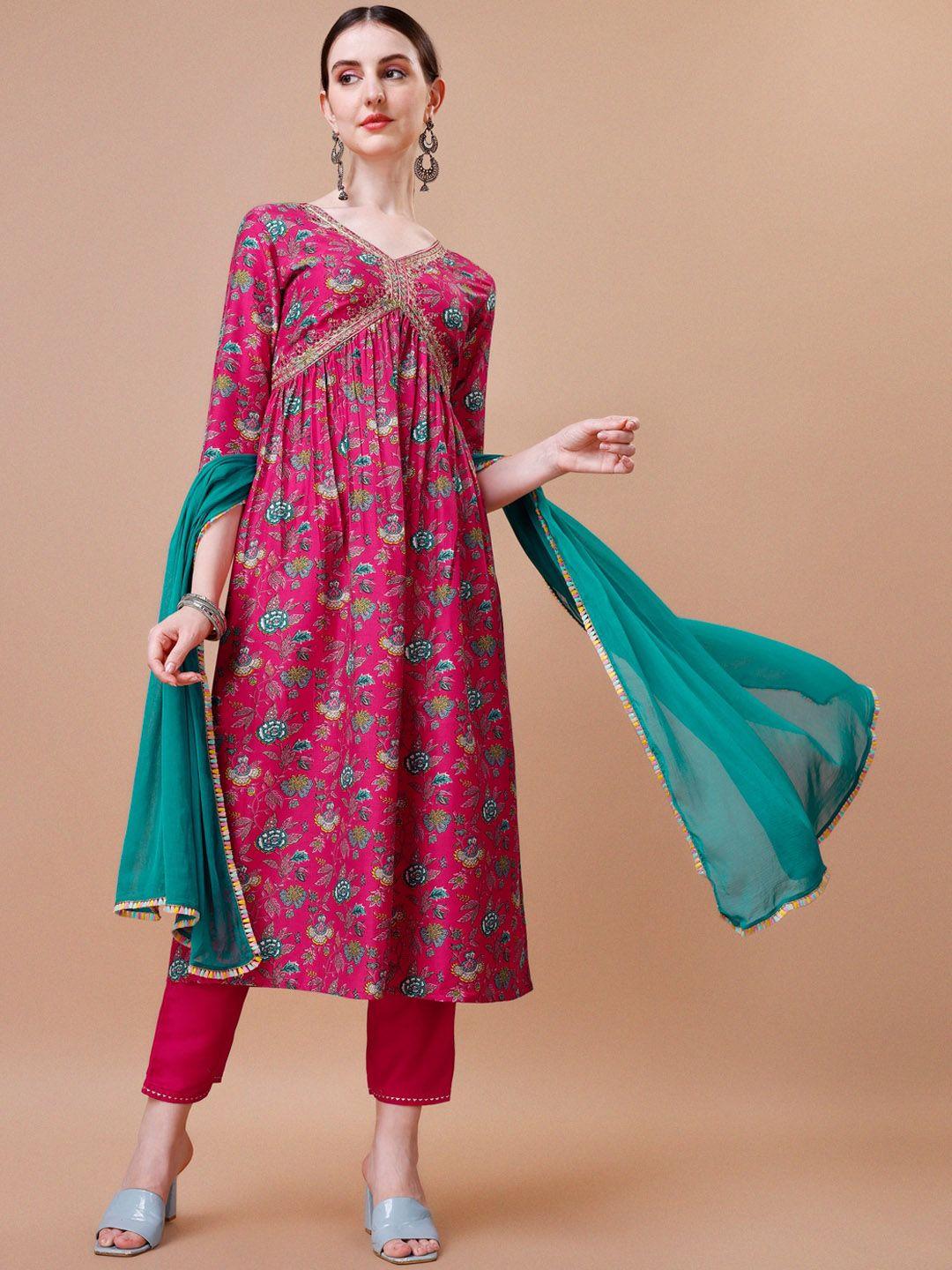 kalini ethnic motif printed thread work pleated empire kurta with trousers & dupatta