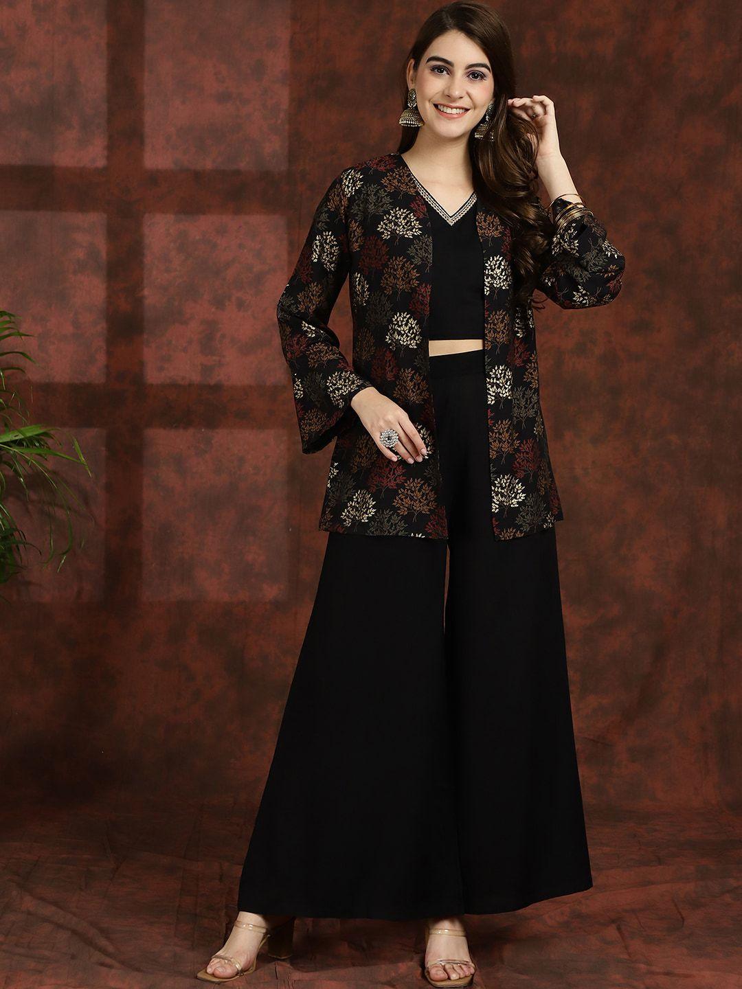 claura black v-neck ethnic top with palazzo & jacket