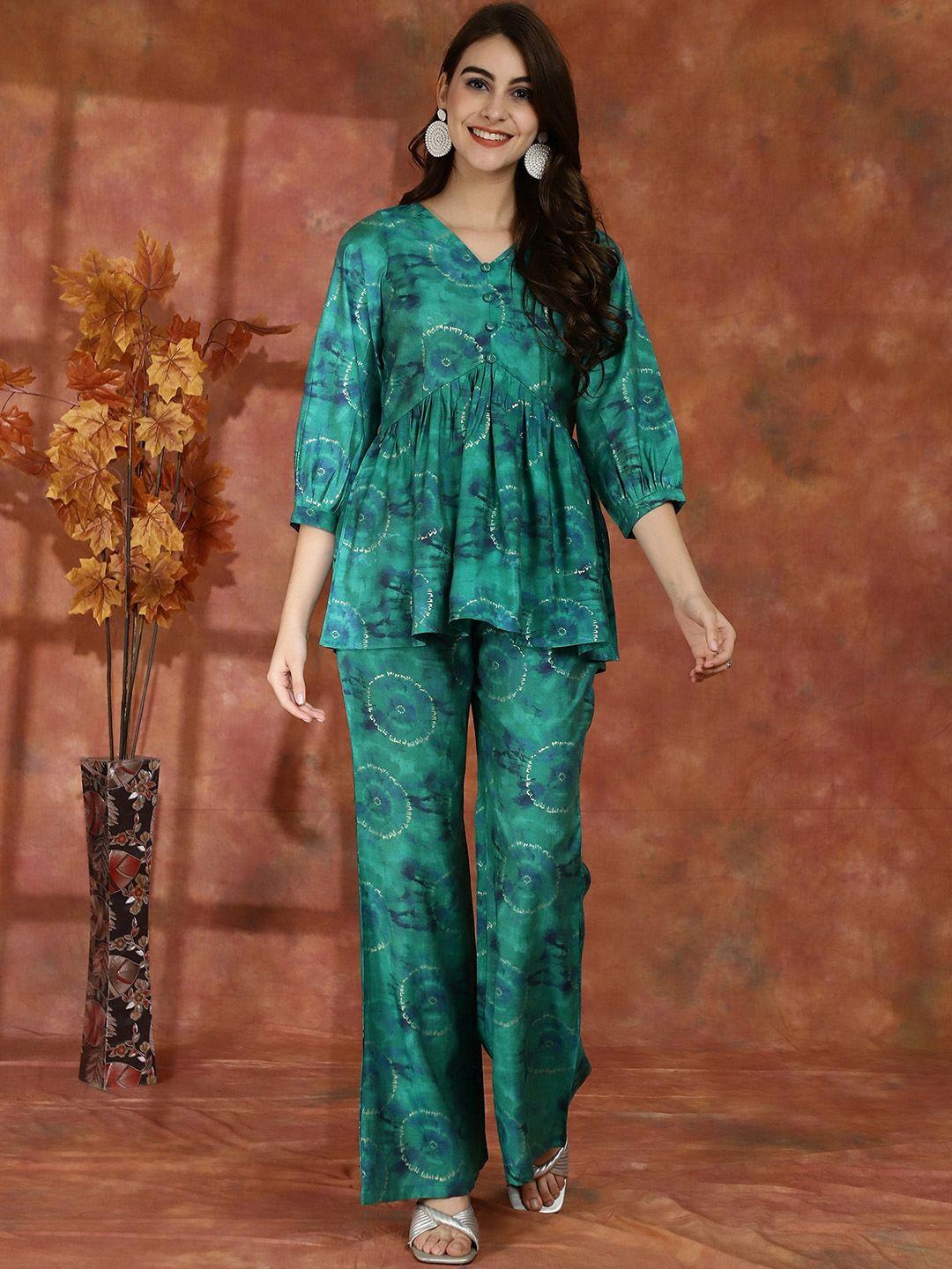 claura green printed v-neck puff sleeves ethnic co-ords