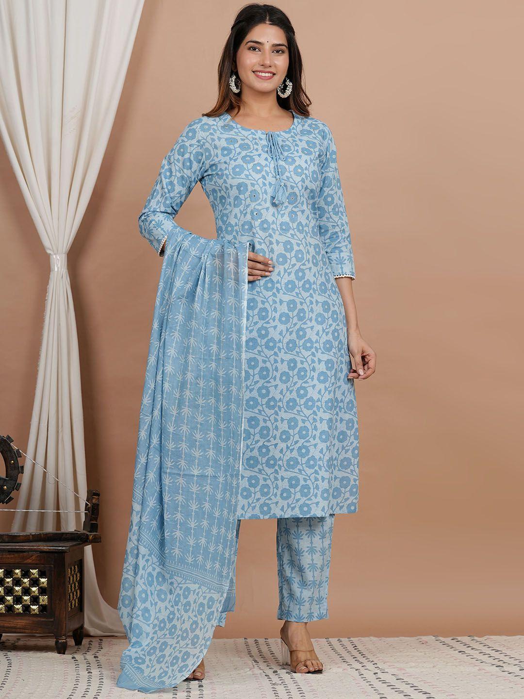 zoyoto floral printed pure cotton kurta with trousers & dupatta