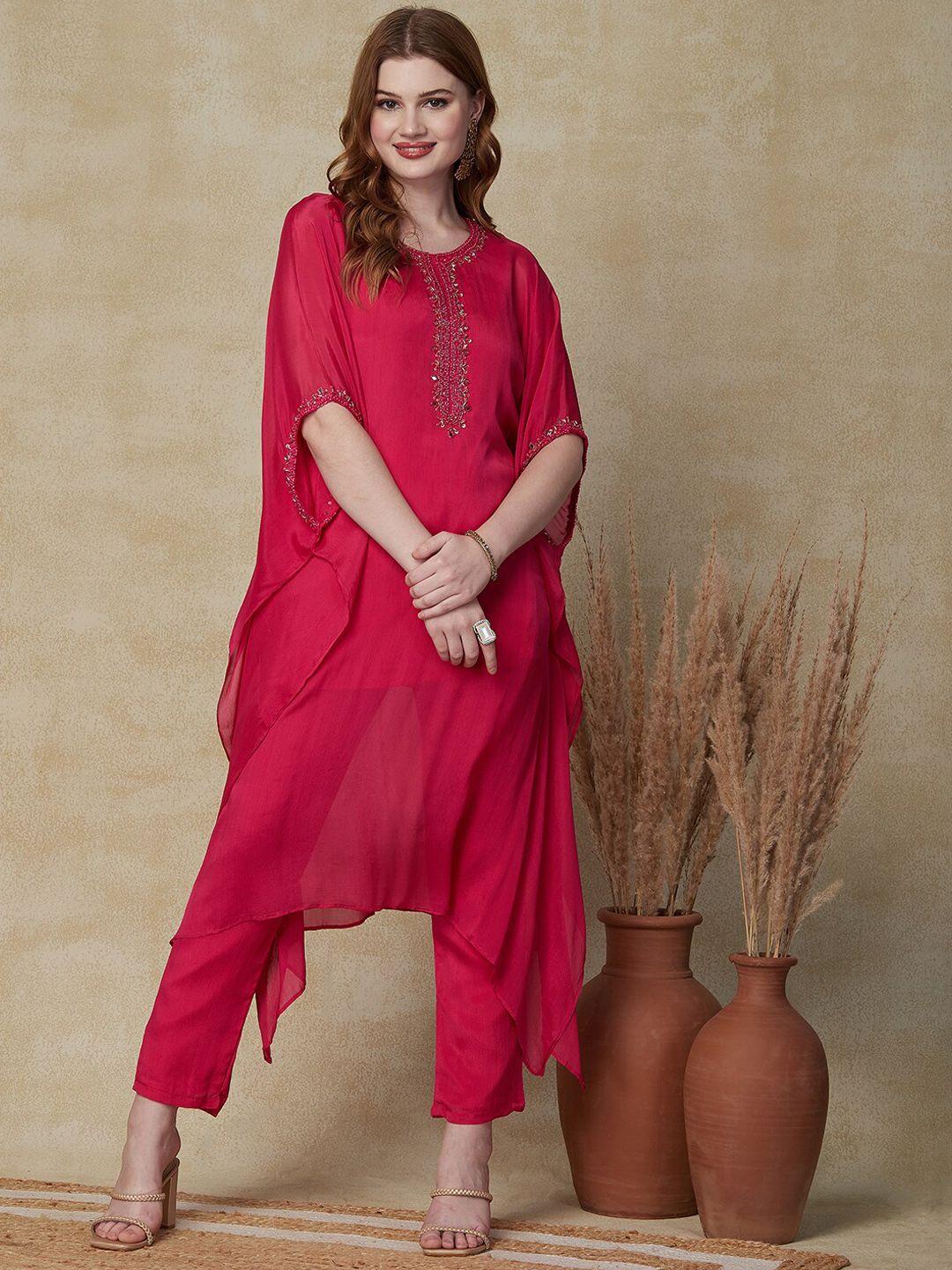 fashor embellished yoke design beads and stones silk crepe kaftan kurta with trousers