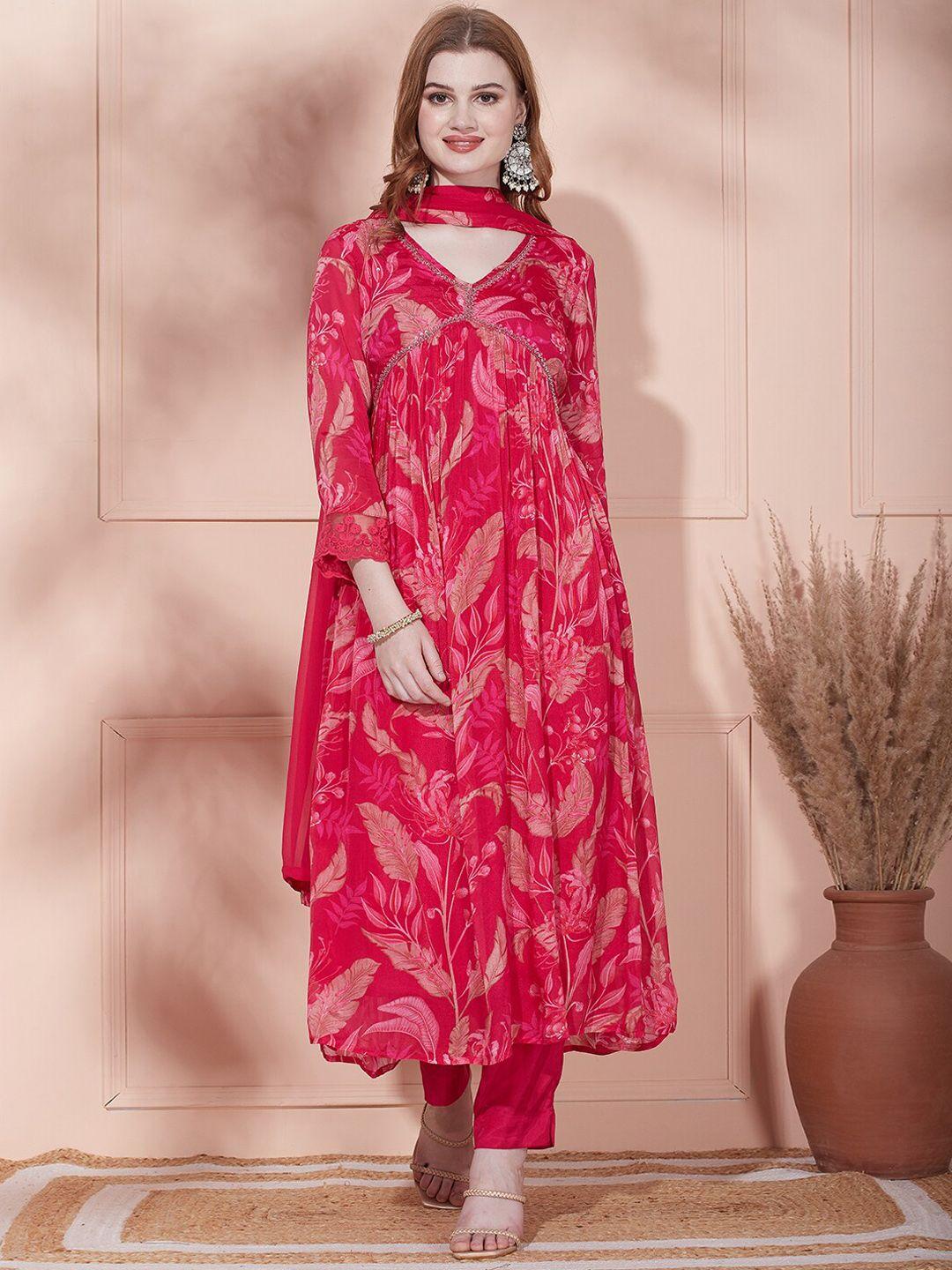 fashor pink floral printed empire gotta patti kurta with trousers & dupatta