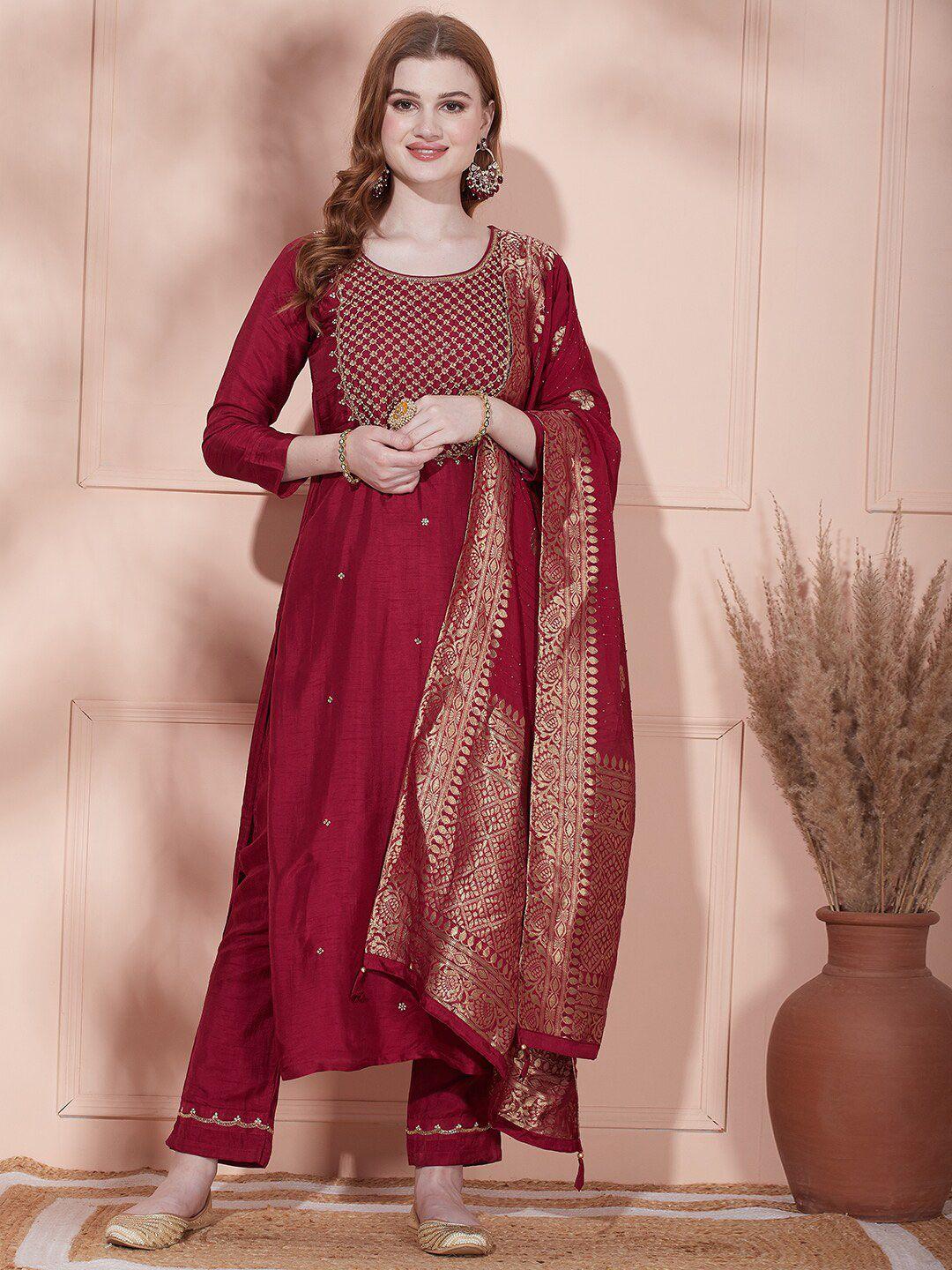 fashor floral embroidered thread work kurta with trousers & dupatta