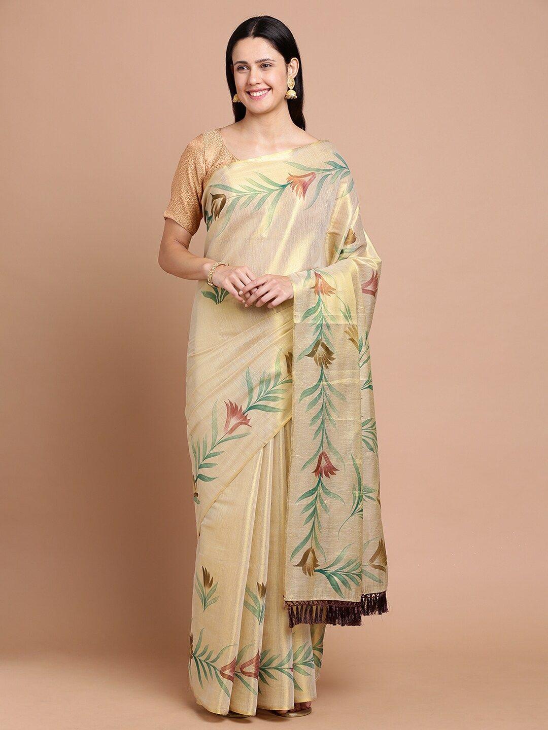 kalyan silks floral printed zari silk cotton saree