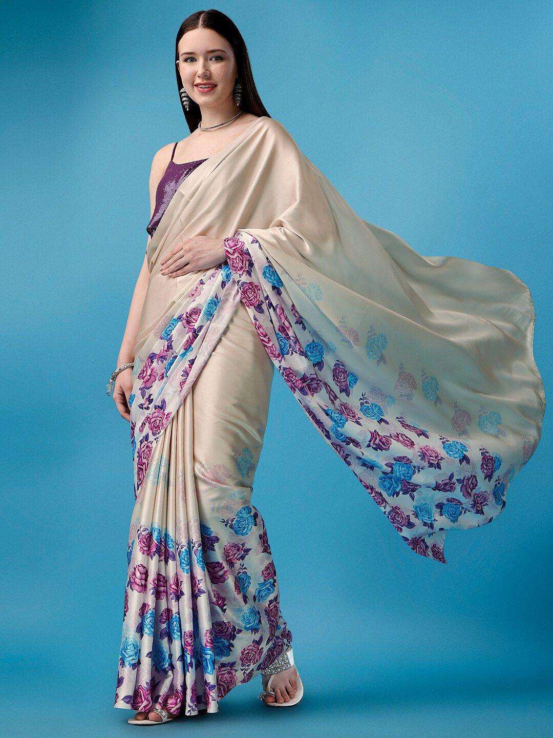 baps cream-coloured & purple floral satin ready to wear saree