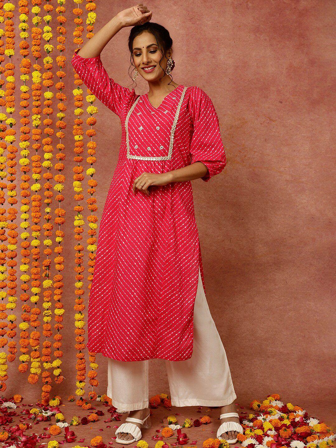 jaipur kurti fuchsia geometric printed puffed sleeves zardozi embroidered cotton kurta