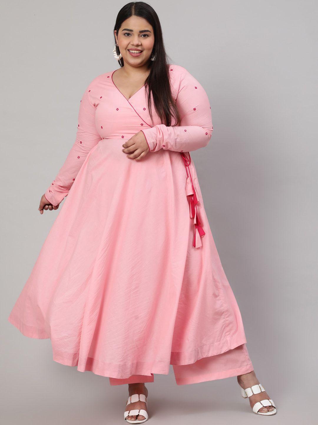 jaipur kurti plus size pink embroidered angrakha thread work cotton kurta with trousers