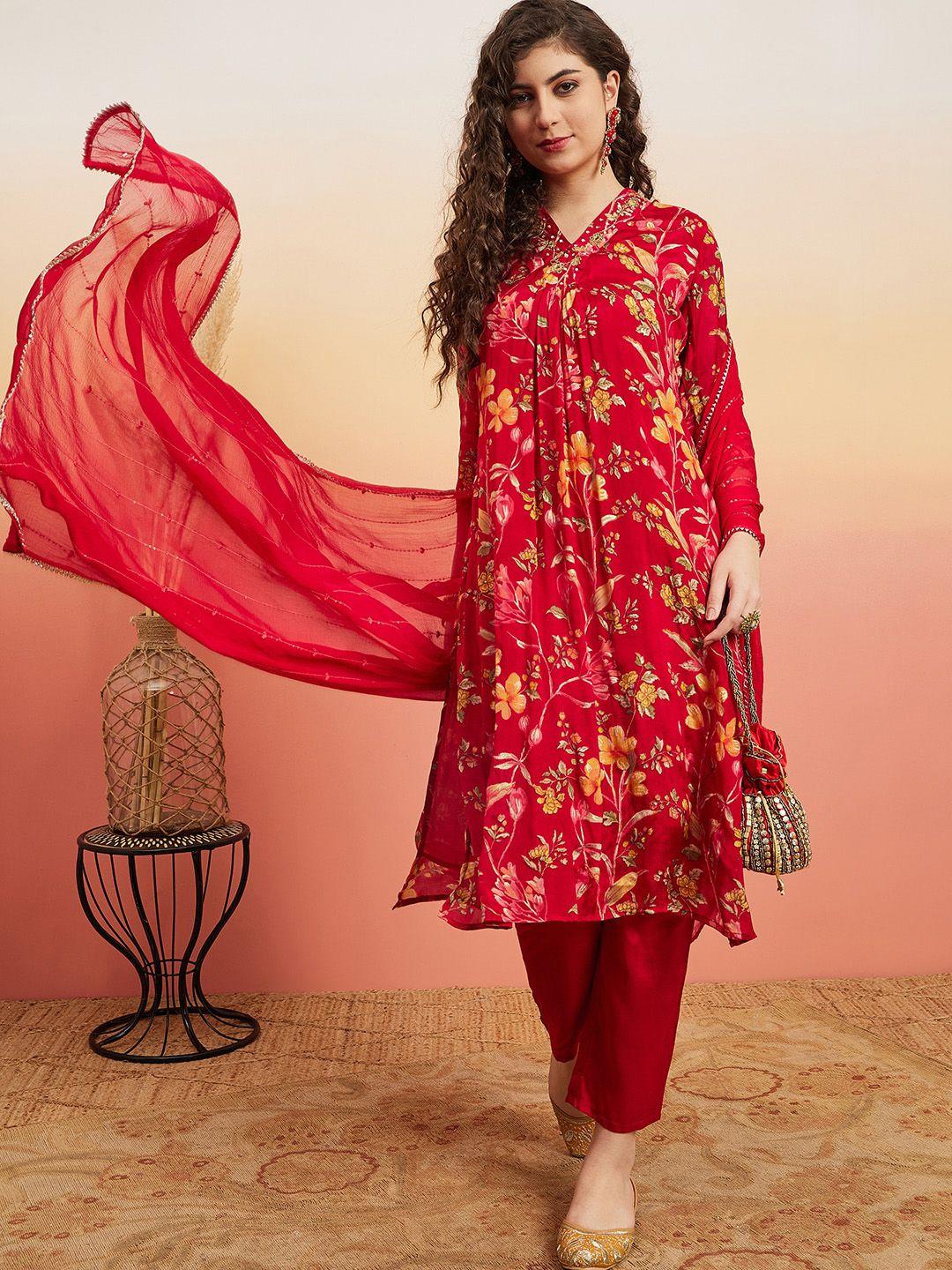 sangria pink floral printed sequined & gotta patti straight kurta & trouser with dupatta