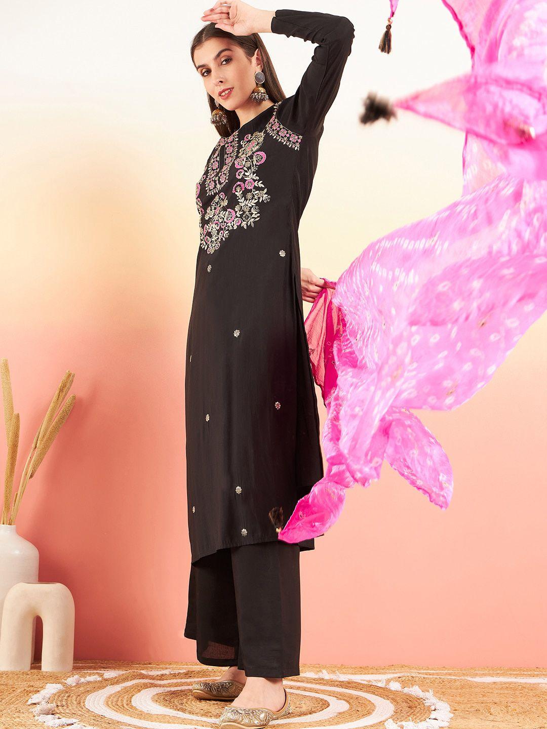 sangria floral embroidered thread work kurta with palazzos & dupatta