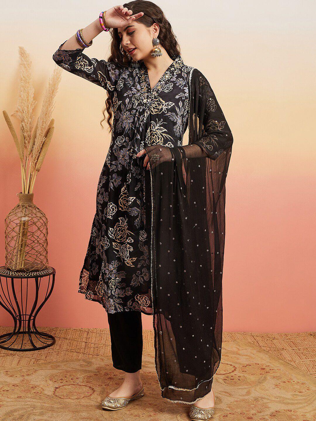 sangria floral printed mirror work straight kurta with trouser & dupatta