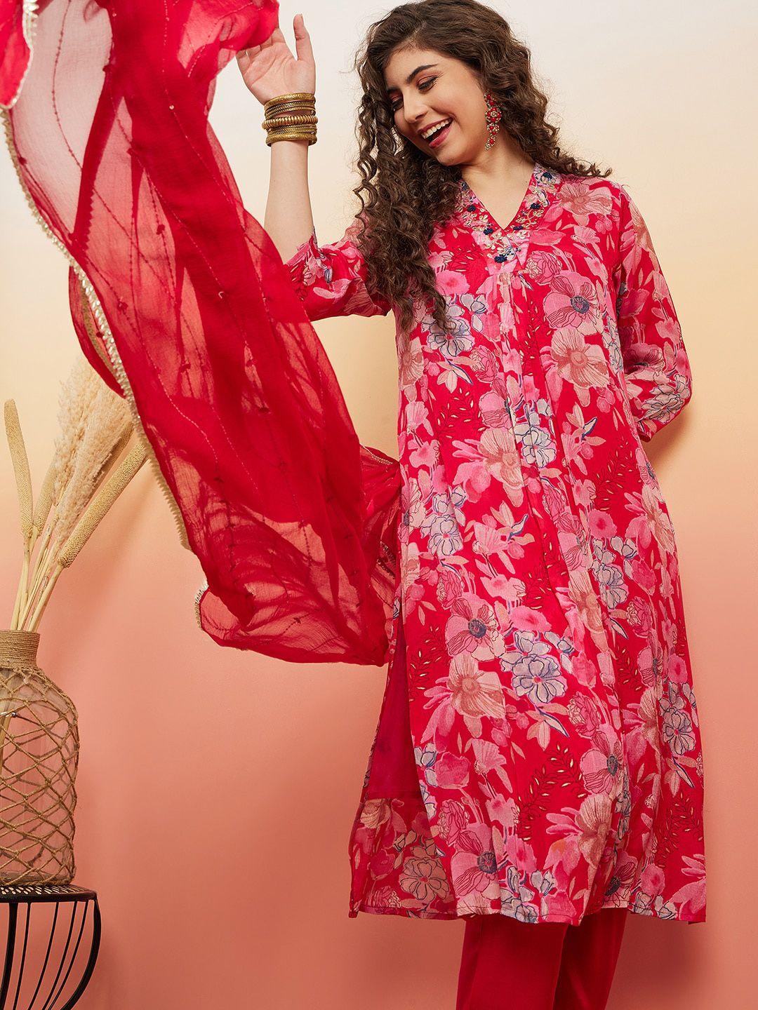 sangria floral printed & mirror work empire kurta with trouser & dupatta