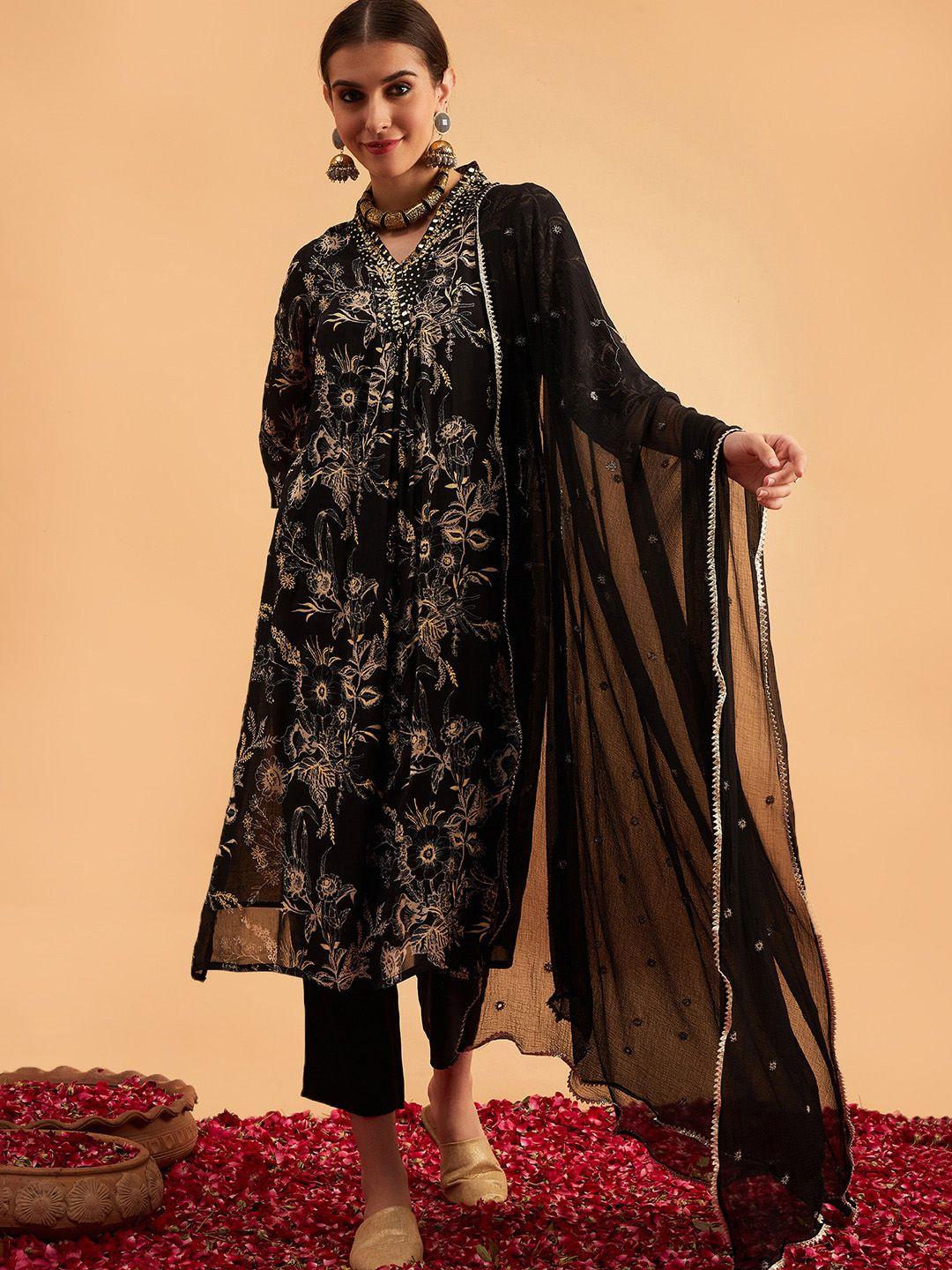 sangria floral printed & mirror work straight kurta with trouser & dupatta