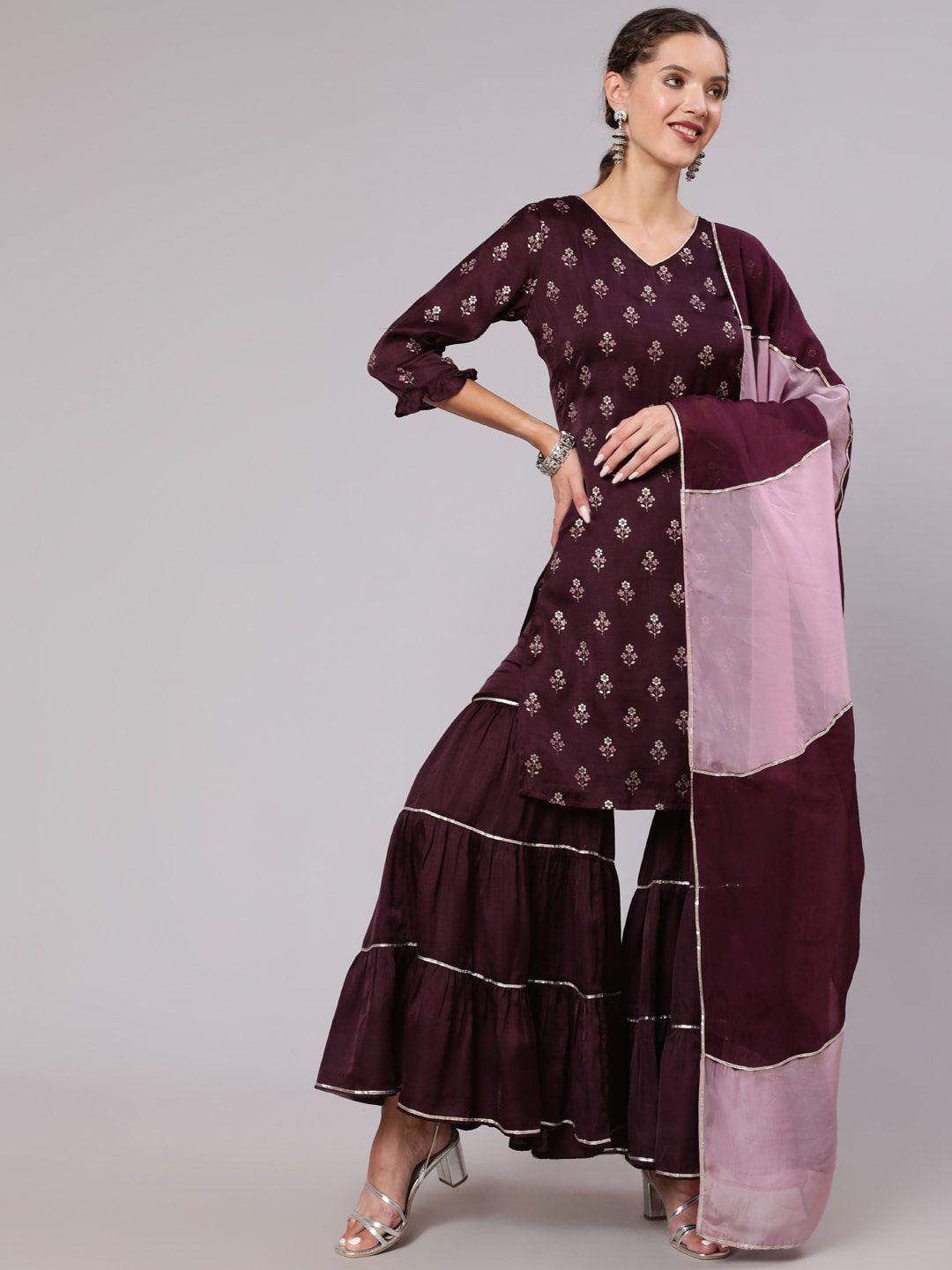 jaipur kurti women maroon ethnic motifs printed regular gotta patti kurta with sharara & with dupatta