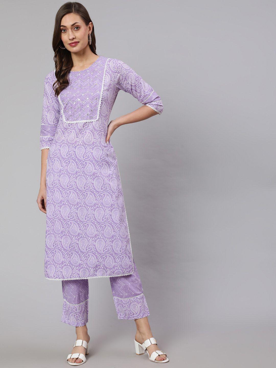 jaipur kurti women lavender paisley printed regular pure cotton kurta with trousers