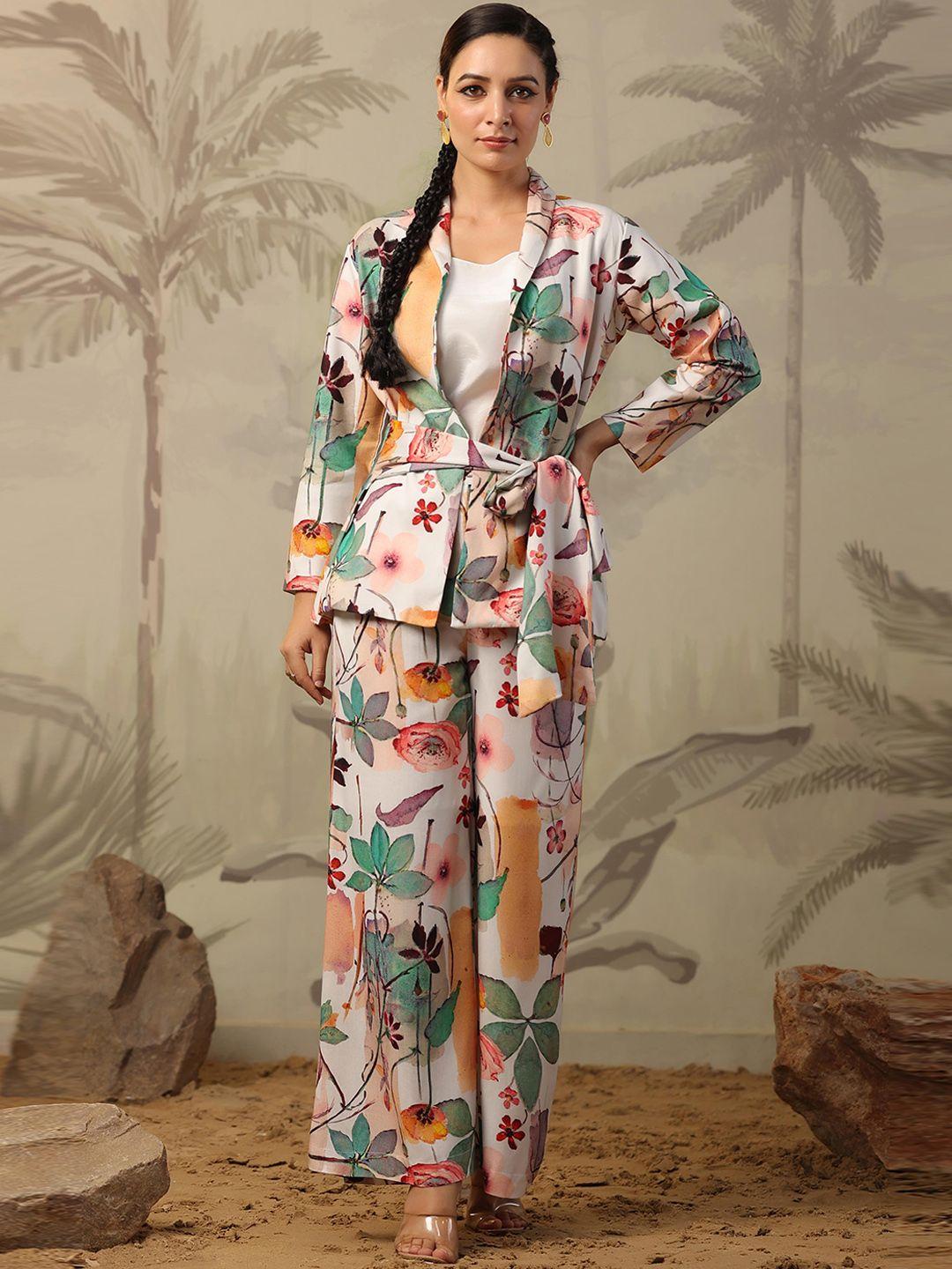 scakhi floral printed blazer & palazos with camisole