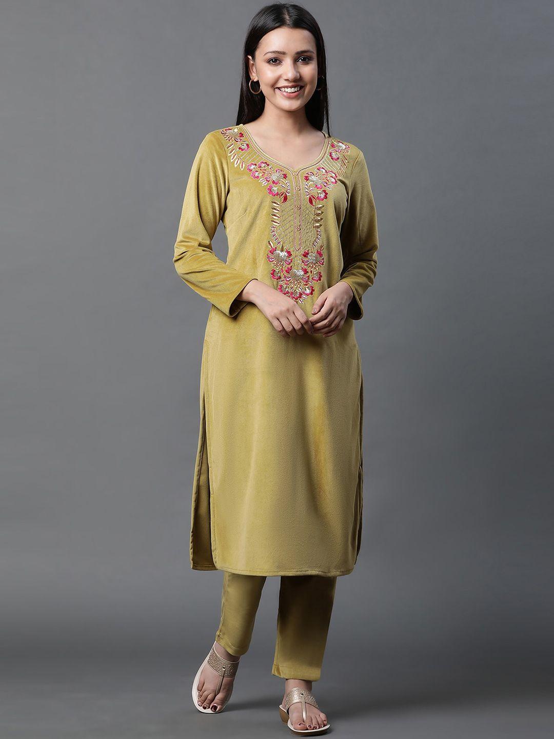 aurelia floral yoke design v-neck sequinned straight kurta with trouser