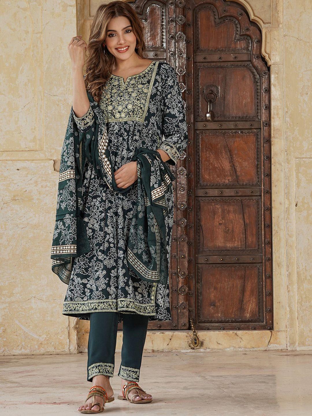 kalini women green ethnic motifs printed empire thread work kurta with trousers & with dupatta