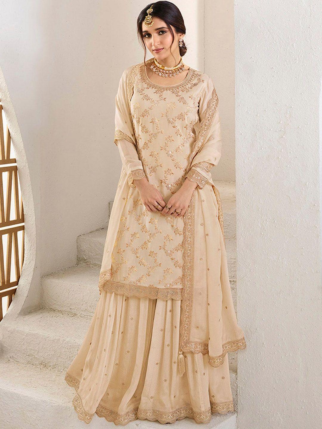 seerat floral printed sequinned straight silk chiffon kurta & sharara with dupatta