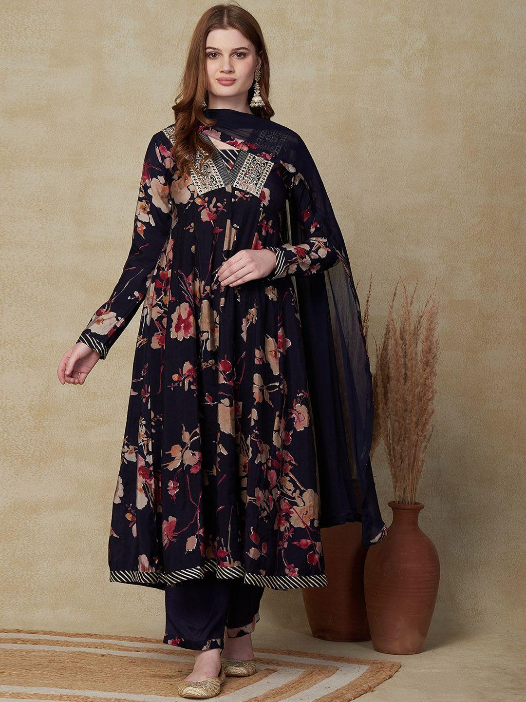 fashor navy blue floral printed empire mirror work kurta with trousers & dupatta