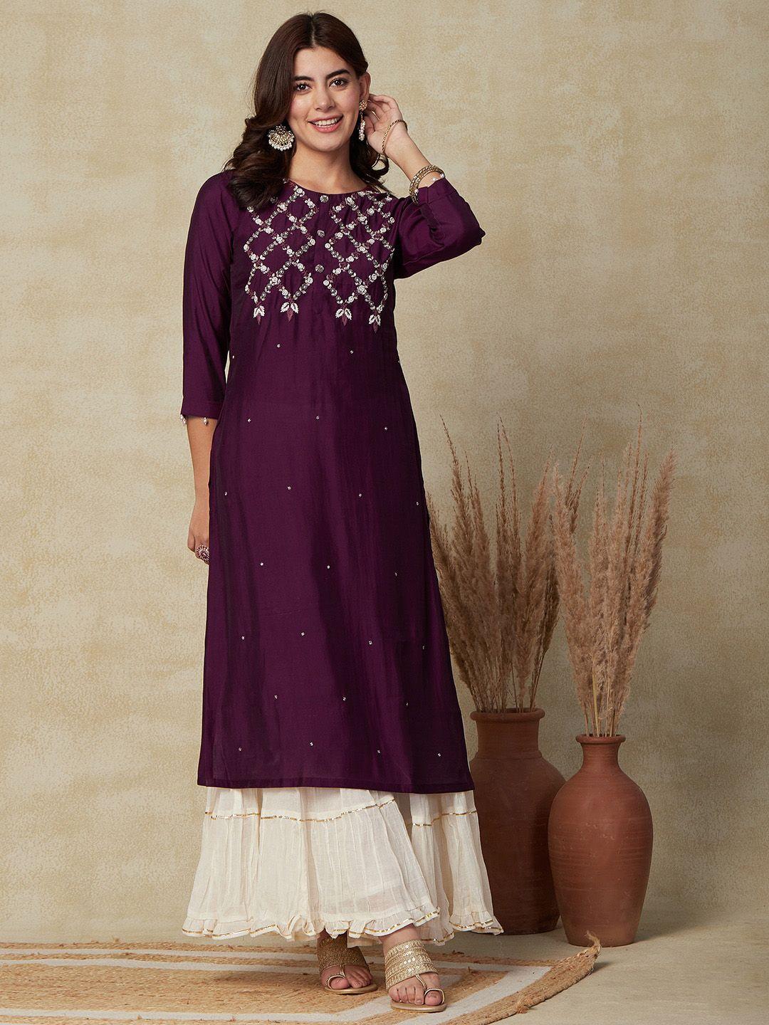 fashor burgundy floral embroidered beads & stones straight kurta