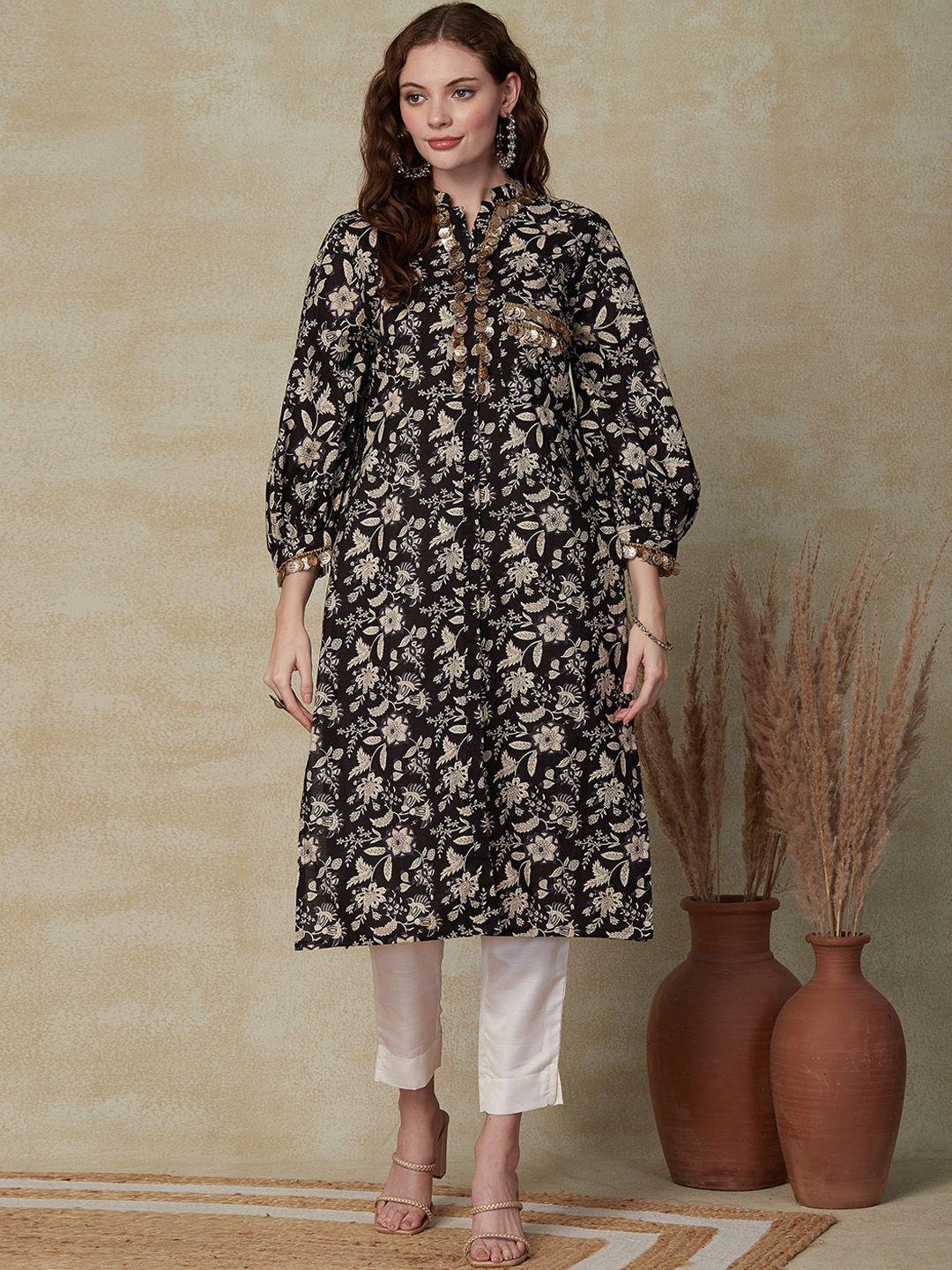 fashor ethnic motifs printed coins embellished pure cotton straight kurta