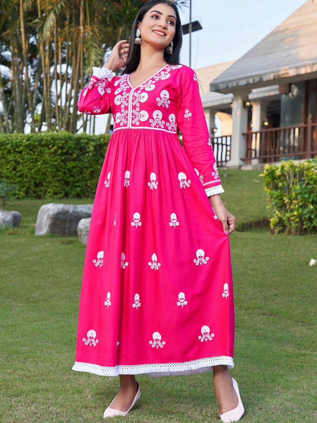 indo era floral embroidered v-neck fit & flare ethnic dress