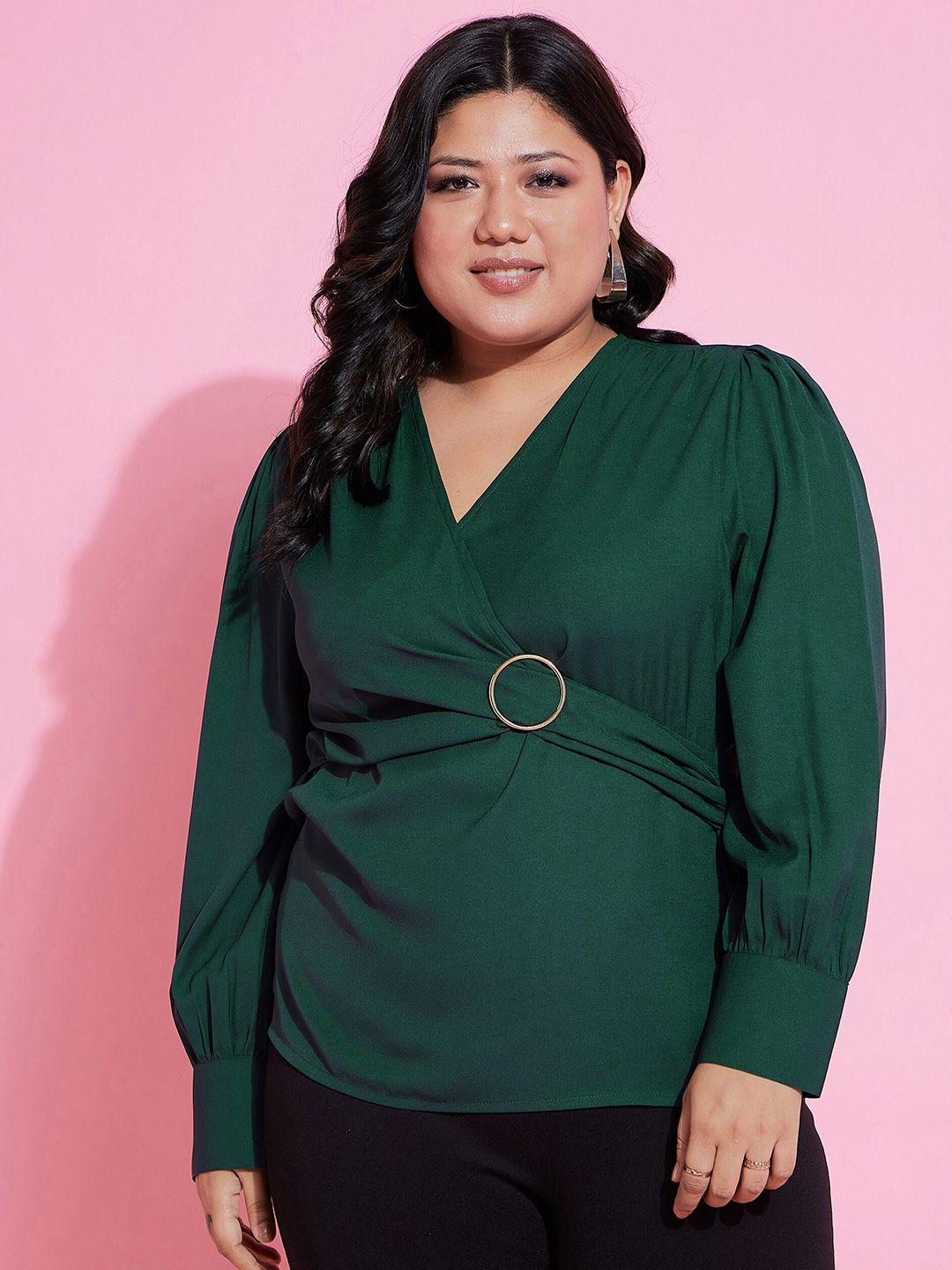 sassafras curve plus size green v neck cuffed sleeve wrap top