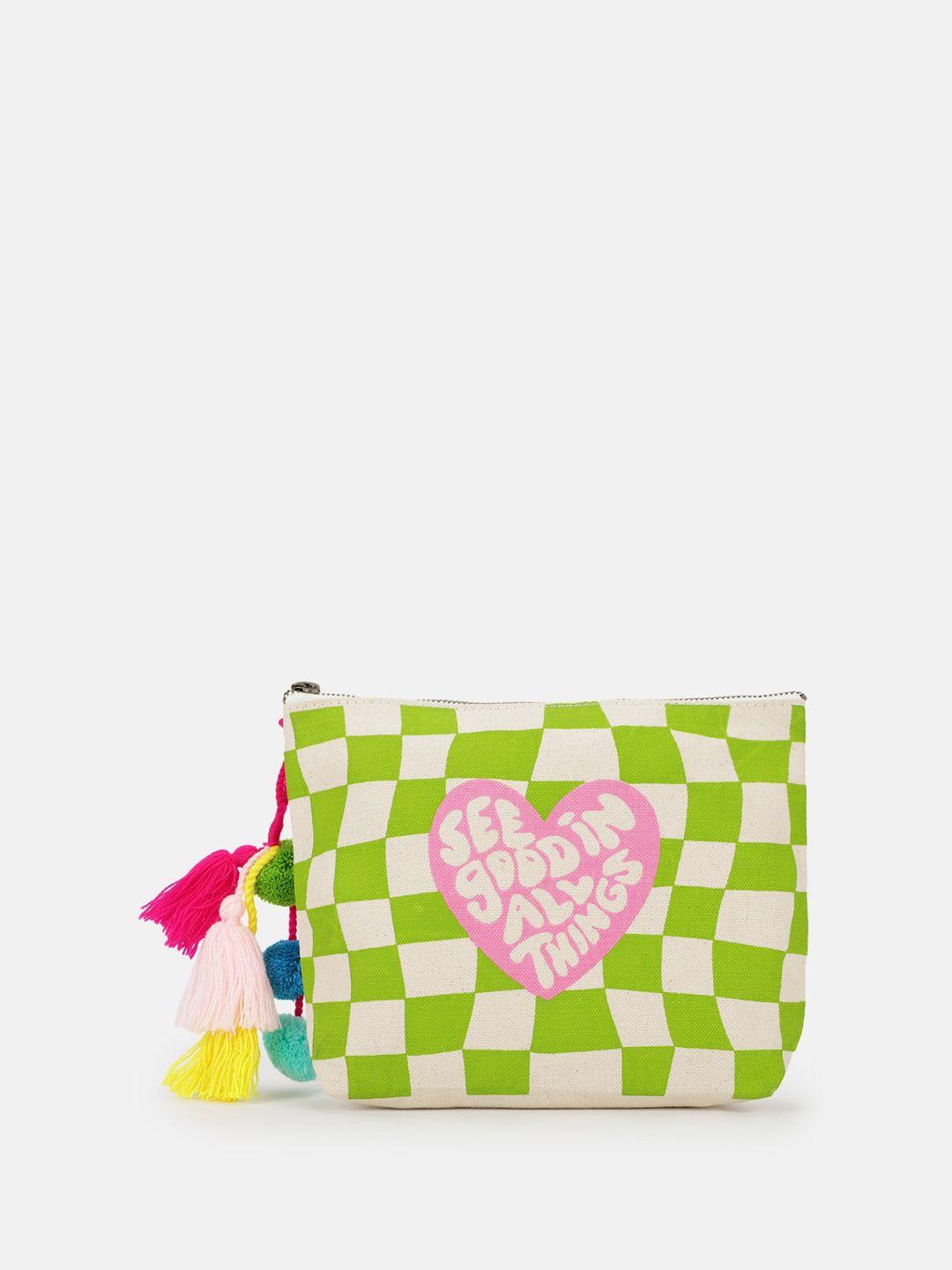 maisha cream & green geometric printed structured sling bag