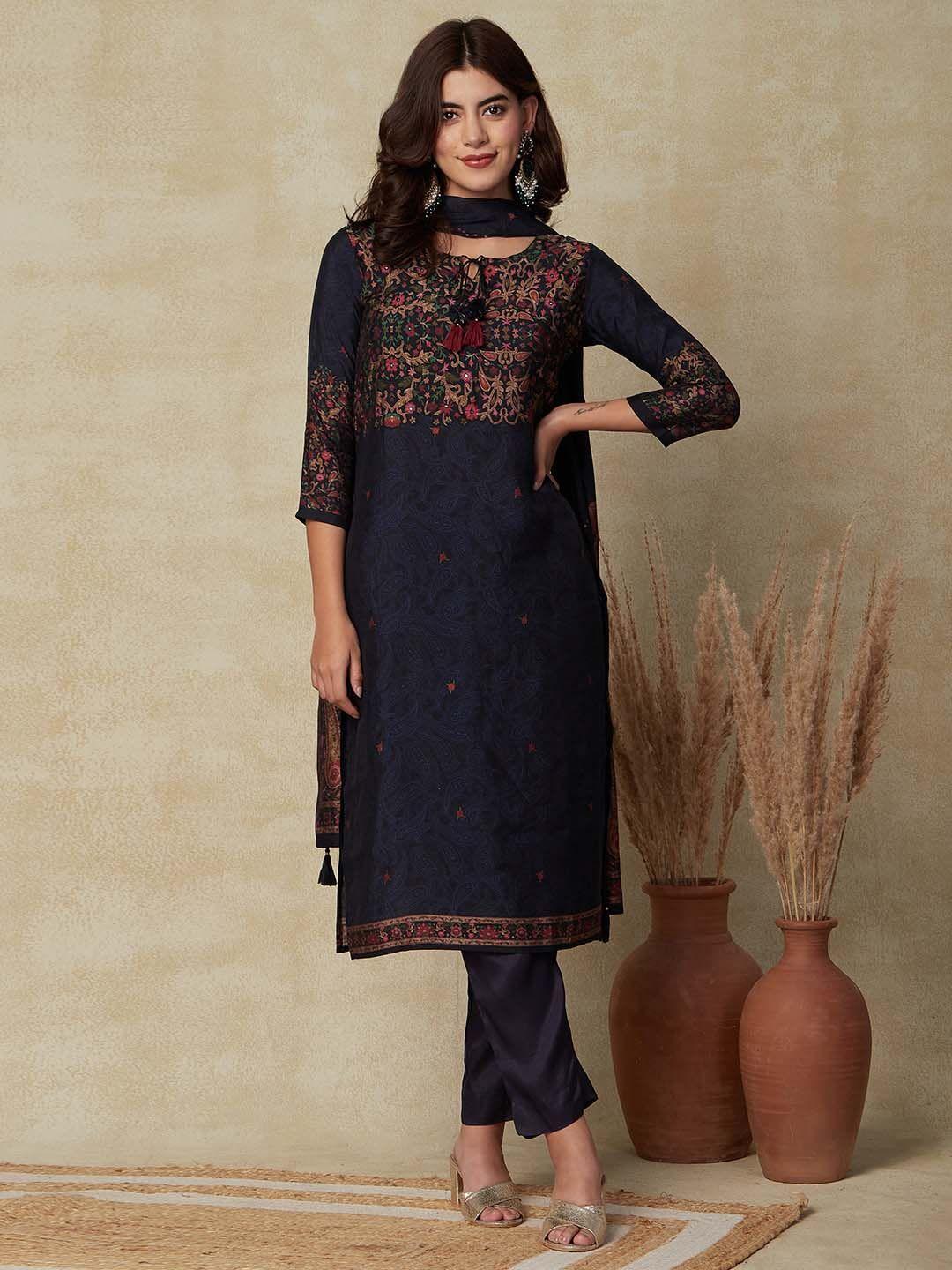 fashor navy blue floral printed regular tie-up neck kurta with trousers & dupatta