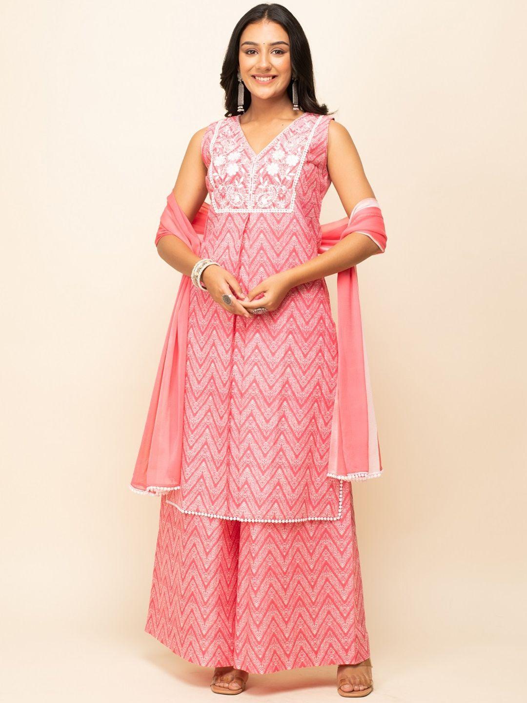 fiorra chevron printed thread work sleeveless pure cotton kurta with palazzos & dupatta