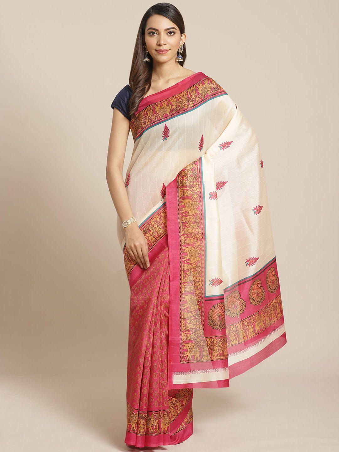 mitera cream & pink ethnic motifs printed saree