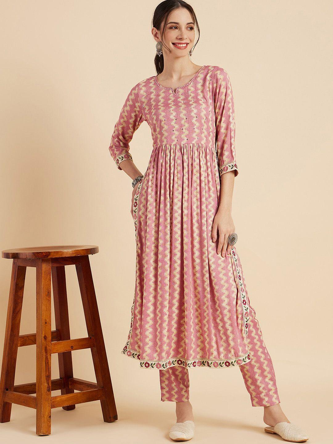 sangria chevron printed a-line kurta with trouser