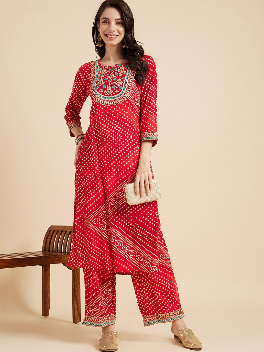 sangria bandhani printed mirror work straight kurta with palazzos